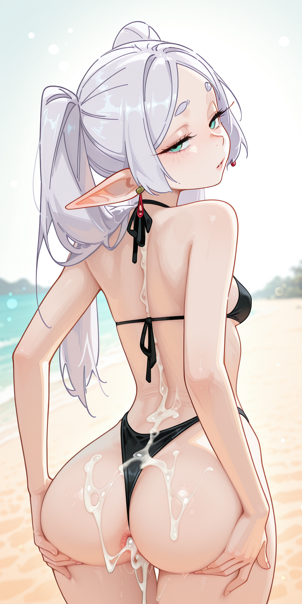 1girls after_sex ai_generated anus ass_grab beach bikini cum_in_ass cum_on_ass cum_on_back elf elf_ears frieren green_eyes highleg_bikini holding_ass leaking_cum long_hair looking_at_viewer looking_back panties_aside perfect_body skinny small_breasts solo sousou_no_frieren standing tired twintails viewed_from_behind white_hair