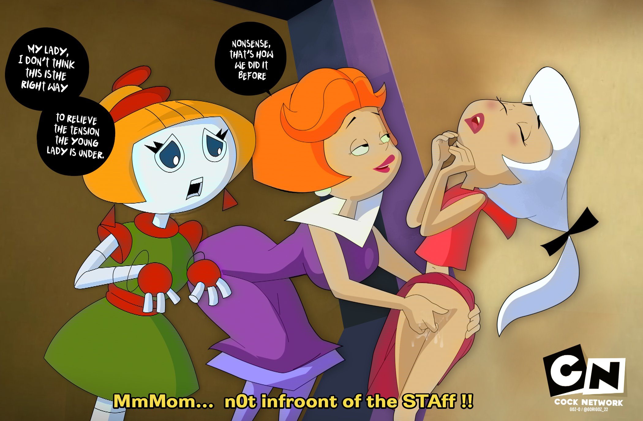 2d, 3girls, against wall, against will, color, dialogue, dripping pussy, embarrassed, english text, female, female only, fingering, fingering partner, full color, gosgoz, goz-o, human, incest, jane jetson, judy jetson, lesbian, lesbian incest, lesbian sex, mother and daughter, multiple females, multiple girls, orange hair, orgasm, orgasm face, pussy, robot, robot female, speech bubble, standing, stress relief, text, the jetsons, white hair, yuri