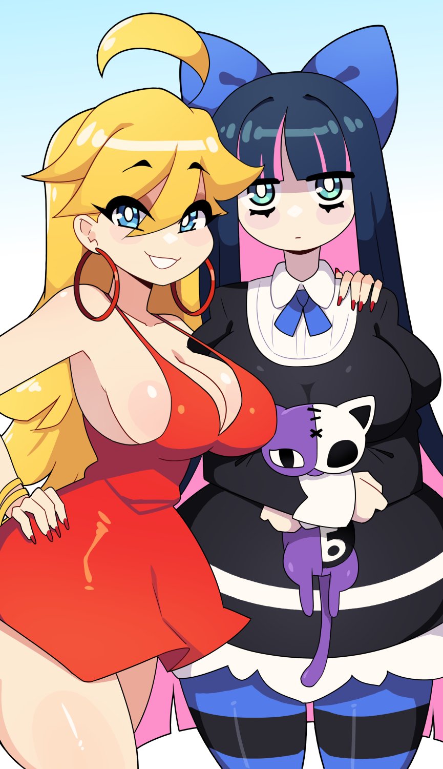 2girls, ahoge, bangs, blonde hair, blue eyes, blunt bangs, breasts, counterpart, dark blue hair, dress, earrings, female, female only, goth, grin, grinning at viewer, hair ribbon, hand on another's shoulder, hand on hip, hi res, j5daigada, long hair, looking at viewer, panty & stocking with garterbelt, panty anarchy, pink hair, shy panty counterpart (psg), sideboob, smiling, smiling at viewer, stocking anarchy, striped thighhighs, thighhighs, two-tone hair