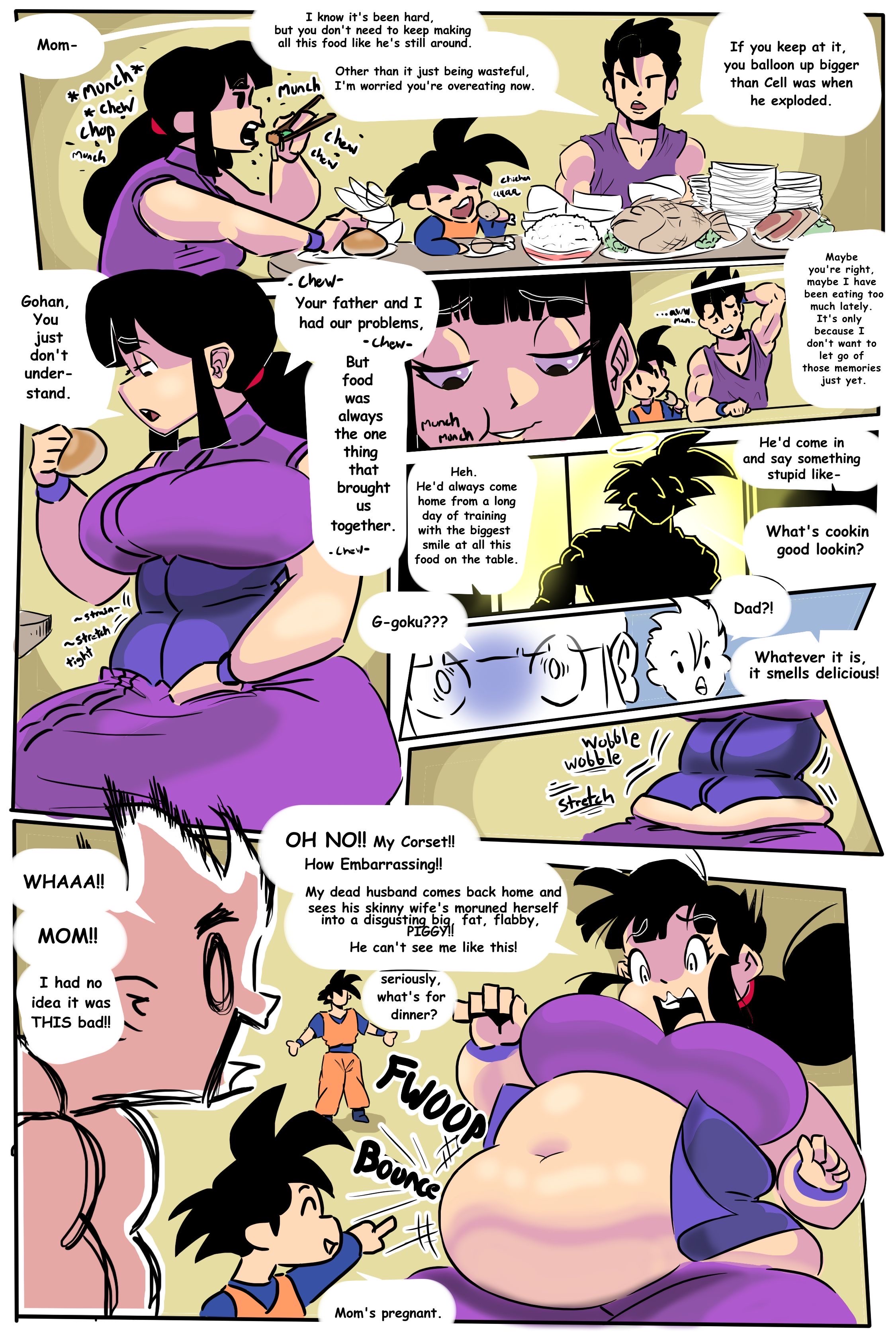 1girls, 3boys, 5 fingers, asian, barely contained, belly, belly overhang, big belly, black hair, bracelet, bursting clothes, chichi, chichi (majin buu saga), chubby, chubby female, clothed, clothing, comic, comic page, corset, degenerat012, dragon ball, dragon ball z, eating, exposed midriff, eyelashes, family, fat, fat female, feeding, female, female focus, food, goku, half-closed eyes, human, looking down, love handles, male, midriff, milf, motion lines, muffin top, navel, onomatopoeia, overweight, overweight female, saiyan, shocked, son gohan, son goku, son goten, stomach, surprised, text, weight gain