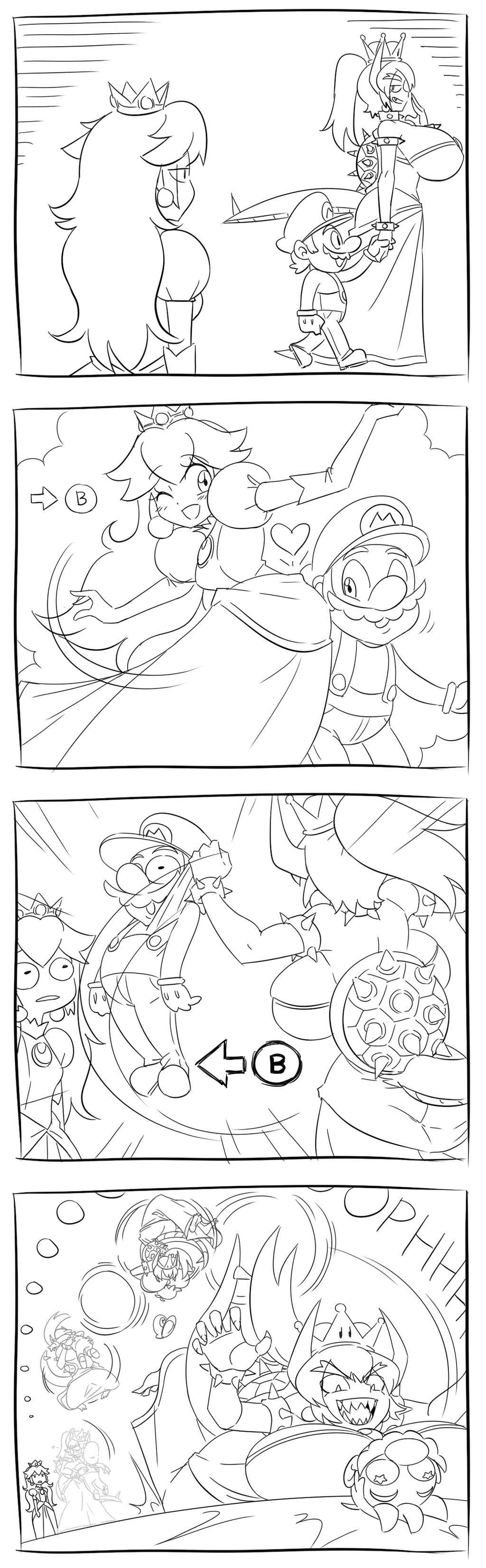 1boy, 2girls, bowsette, breast crush, breast smother, breasts, comic, female, male, mario, mario (series), matsu-sensei, nintendo, princess peach, smothering, taller female