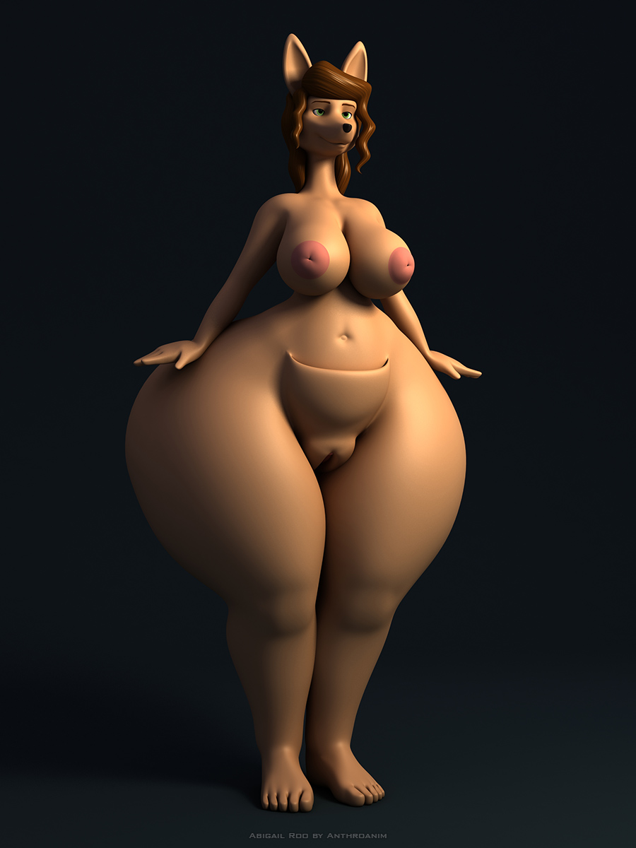 2016 3d abigail_roo anthro anthroanim ass breasts brown_hair female front_view fur furry furry_only hair kangaroo mammal marsupial nipples nude pussy simple_background smile solo standing thick_thighs wide_hips