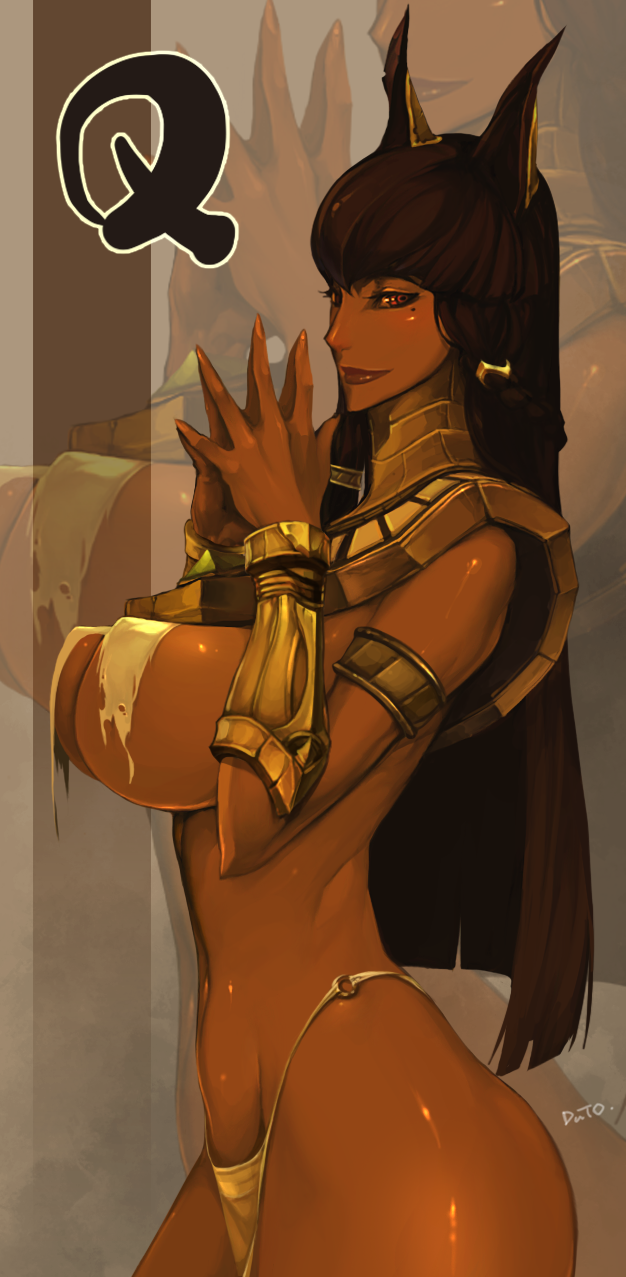 1girls animal_ears beauty_mark breasts brown_hair character_request copyright_request dark-skinned_female dark_skin duto egyptian female female_only huge_breasts large_breasts long_hair solo tagme