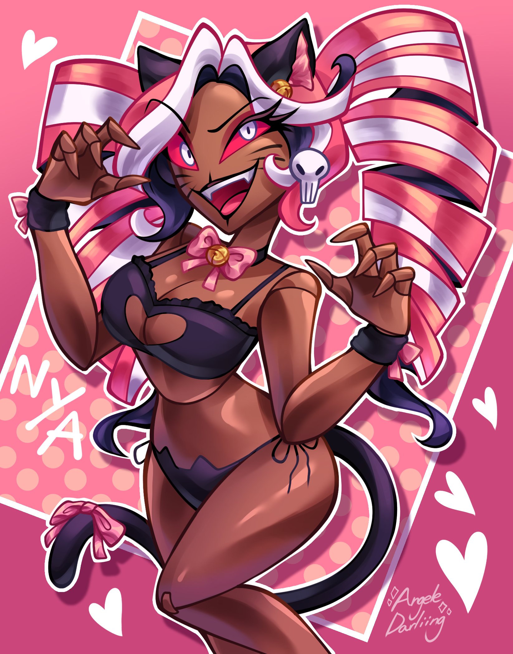 1girls, 2d, 2d (artwork), angele darliing, artist name, breasts, cat lingerie, cat tail, cleavage, dark skin, dark-skinned female, demon, demon girl, digital drawing (artwork), digital media (artwork), doll, doll joints, fangs, female, female only, hair, hazbin hotel, heart, heart symbol, hellaverse, medium breasts, red hair, red sclera, solo, thick thighs, velvette, white eyes, wide hips