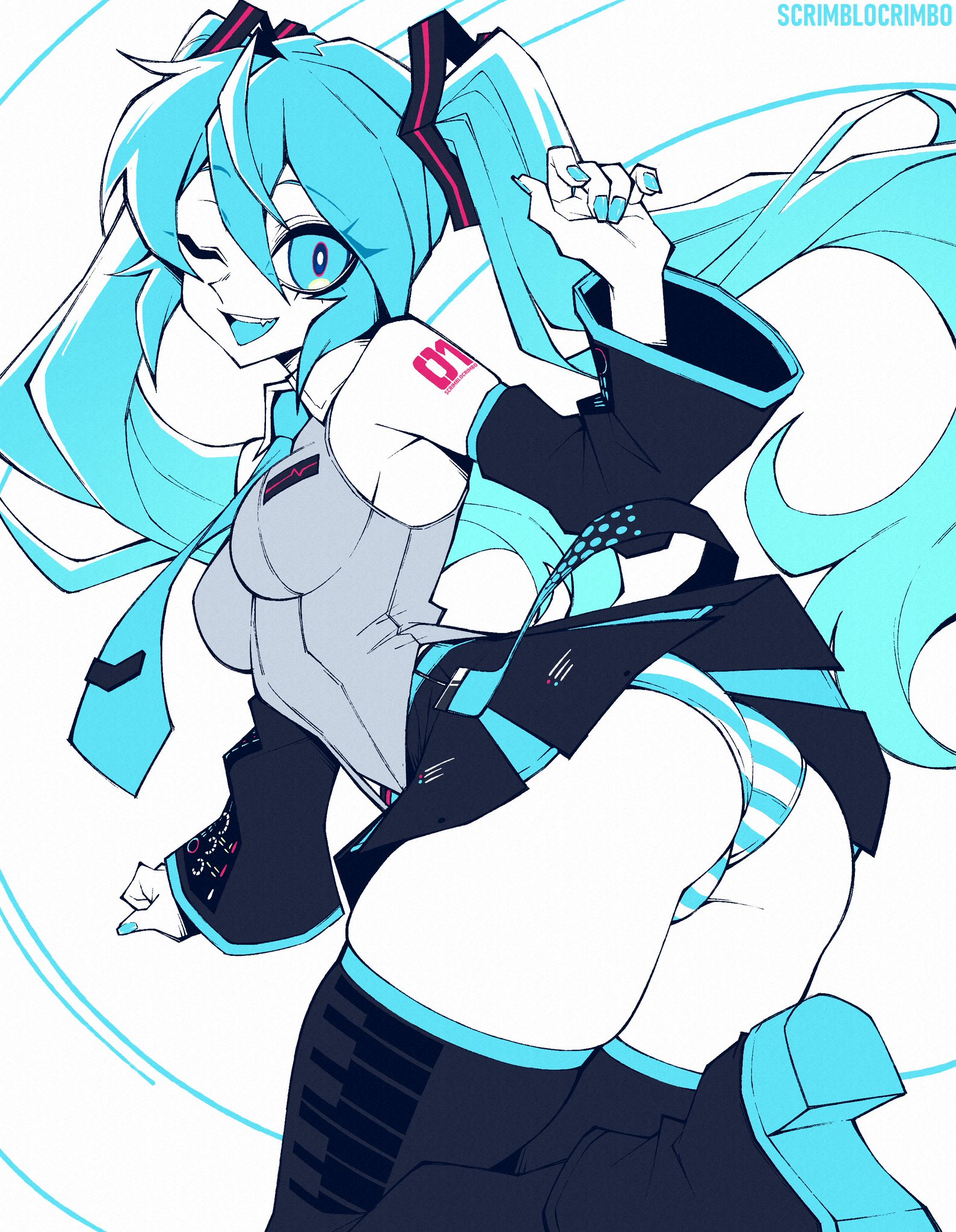 1girl, 1girls, aqua hair, ass, blue eyes, blue hair, blue tongue, boots, breasts, detached sleeves, female, female only, grey shirt, hatsune miku, limited palette, long hair, looking at viewer, medium breasts, necktie, one eye closed, open mouth, panties, scrimblocrimbo, sexy, shirt, simple background, skirt, smile, solo, striped, striped panties, tagme, thigh boots, thighhighs, twintails, underwear, upskirt, very long hair, vocaloid, wink, winking at viewer