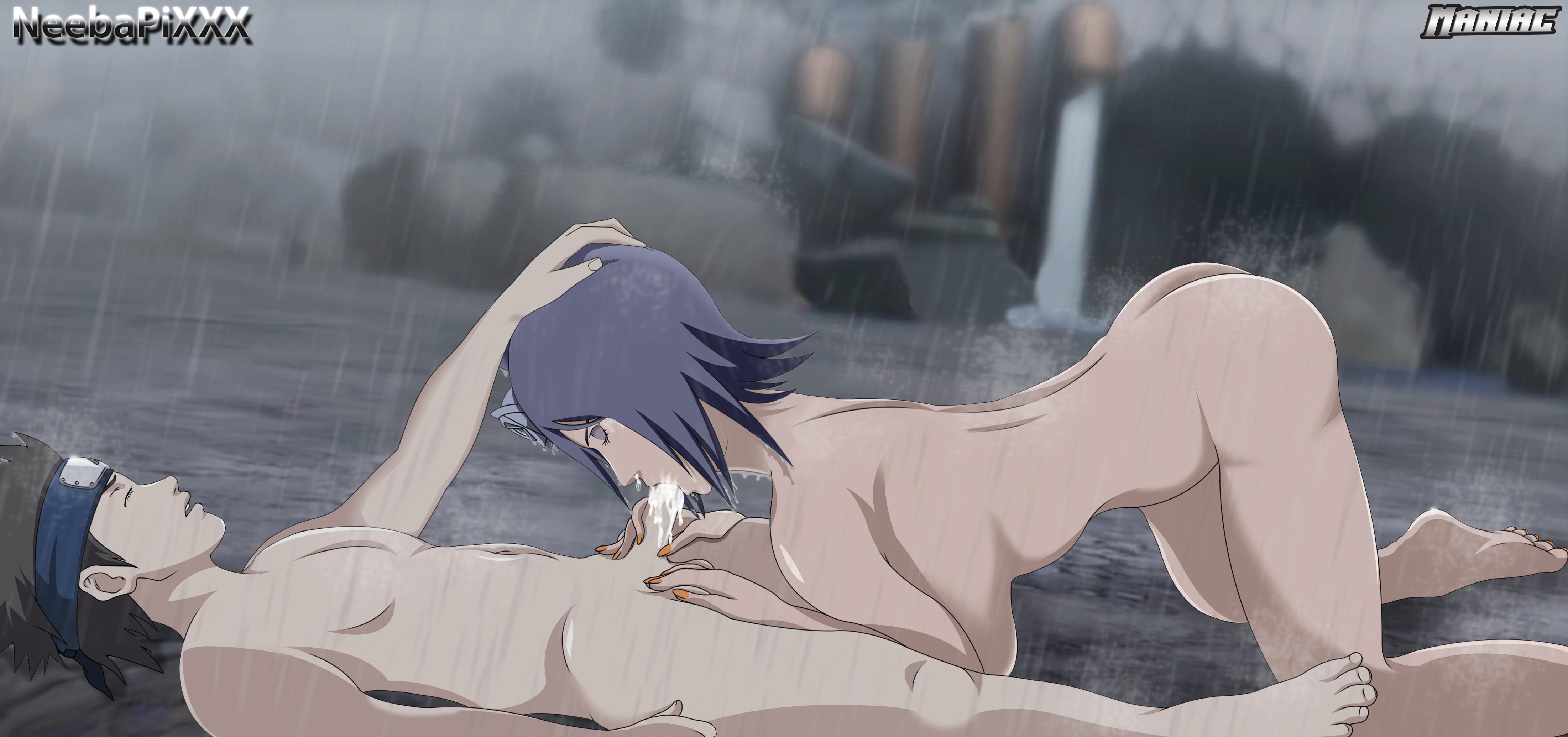 1boy, 1girls, age difference, all fours, ass, big ass, big breasts, blue hair, blue-haired female, breasts, brown hair, brown-haired male, color, completely nude, cum, cum in mouth, cum inside, edit, face down ass up, fellatio, female, hair, konan, male, median furrow, naruto, naruto (series), neeba, neebapixxx, nude, nude female, nude male, oral, outdoors, penis, rain, sarutobi konohamaru, wet