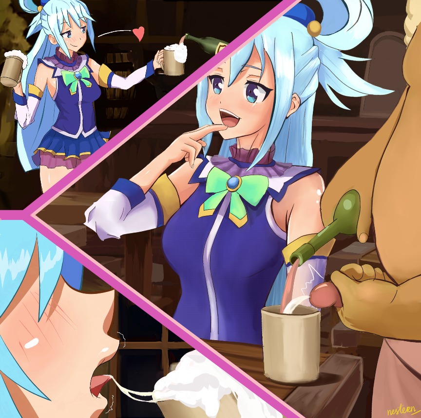 1boy 1girls alcohol aqua_(konosuba) blue_eyes blue_hair breasts cum cum_drinking cum_in_container cum_in_cup cum_in_drink drunk fat_man female kono_subarashii_sekai_ni_shukufuku_wo! large_breasts long_hair male nestern open_mouth penis sex