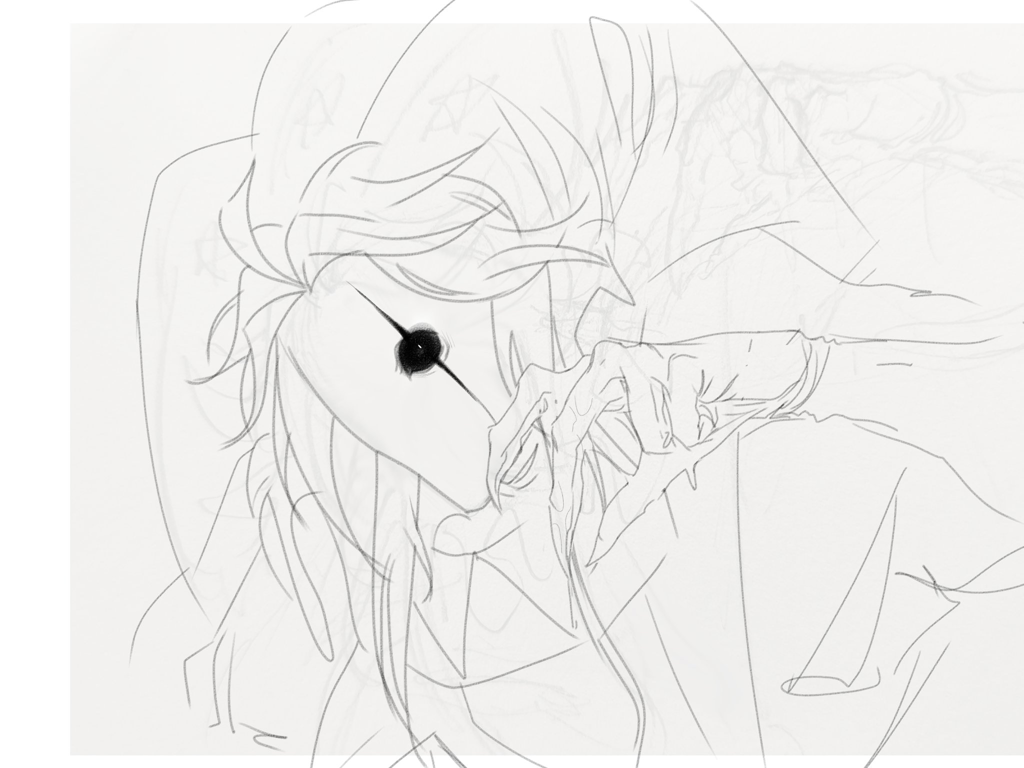 black sclera, clawed fingers, clawed gloves, clawed hands, claws, fingering, gloves, jester, jester cap, jester costume, jester hat, jester outfit, long hair, monster, monster boy, obscured face, obsessed, obsessed male, oneirocorrp, pierrot (the freak circus), pussy juice, pussy juice drip, pussy juice on hand, ruffled collar, sharp claws, sketch, the freak circus