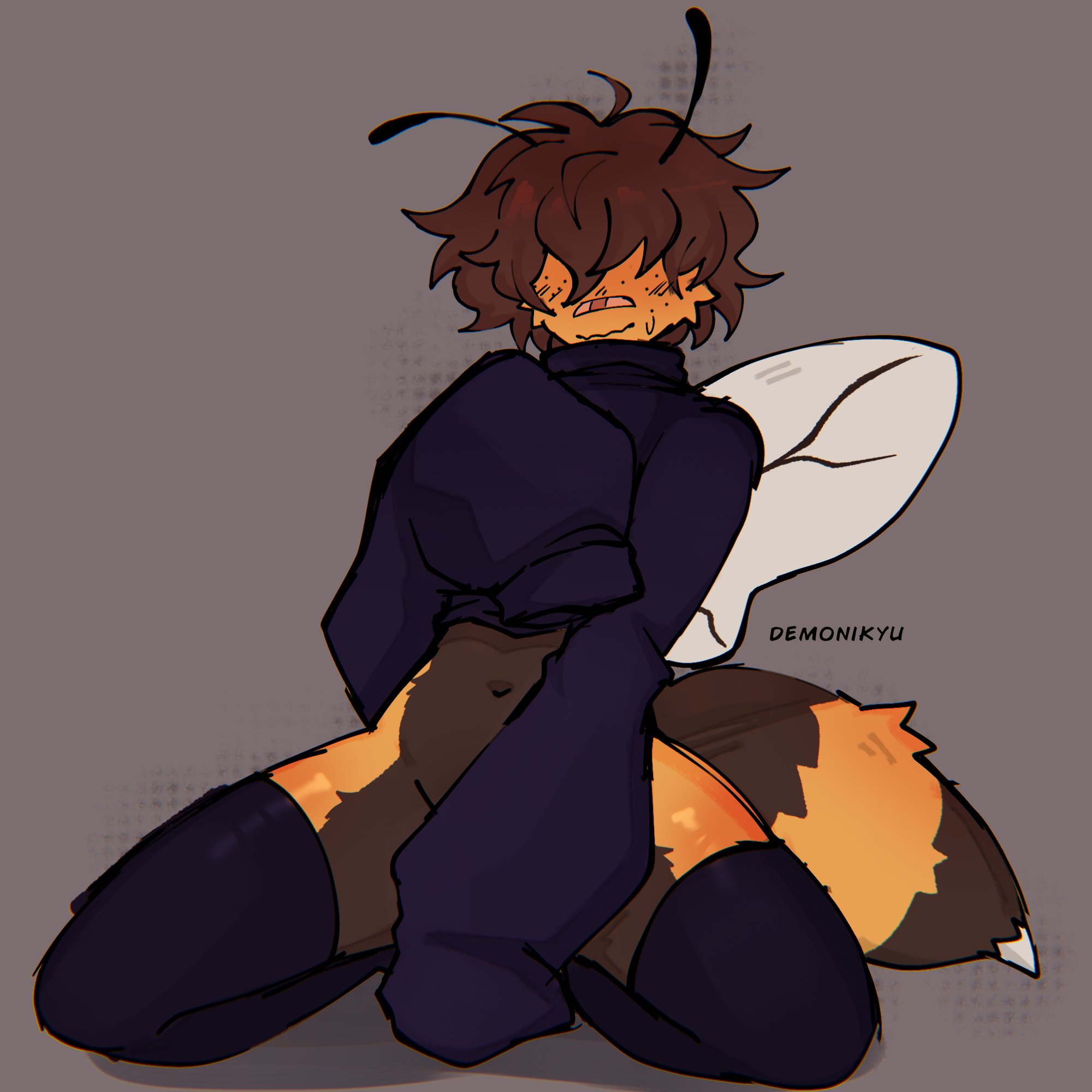 1boy, 1femboy, 2026, 2d, 2d (artwork), antennae (anatomy), anthro, arthropod, arthropod abdomen, arthropod humanoid, band-aid, band-aid on face, bandaid, bandaid on face, bee, bee boy, bee humanoid, black clothing, black sweater, black thigh highs, black thighhighs, black topwear, blush lines, bottomless, bottomless femboy, bottomless male, brown hair, clothed, clothing, color, colored, commission, covering, covering crotch, covering self, demonikyu, digital drawing (artwork), digital media (artwork), femboy, femboy only, humanoid, insect humanoid, insect wings, insects, male, male only, partially clothed, shy, simple background, solo, solo femboy, solo male, stinger, sweatdrop, thigh highs, thighhighs, topwear, turtleneck, turtleneck sweater, wings, yellow body