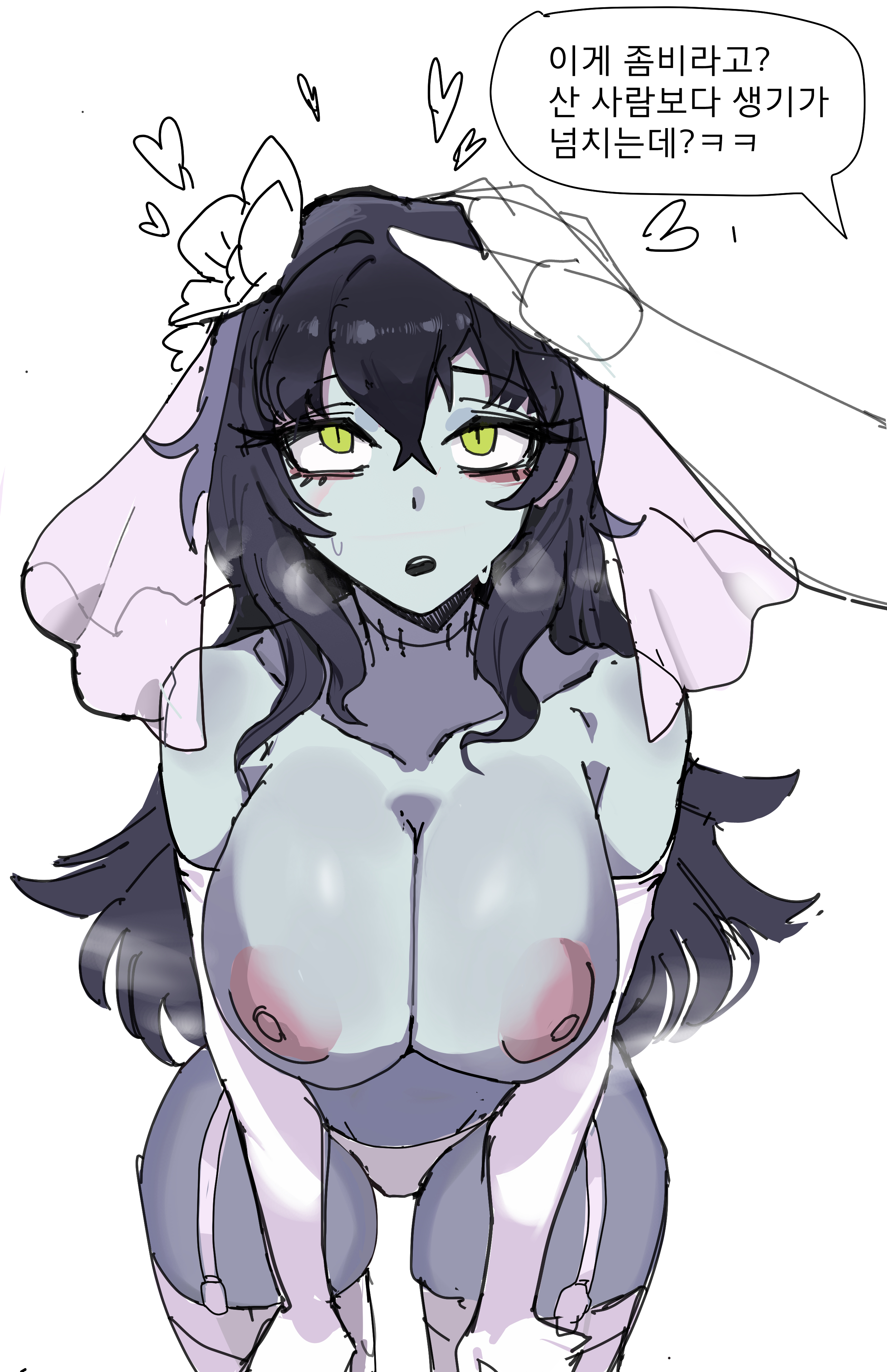 1girls, bags under eyes, black hair, blue skin, breasts squeezed together, bridal veil, disembodied hand, female, flower in hair, garter straps, gloves, graveflower verbena, green eyes, h spike, headpat, hearts, highres, huge breasts, korean commentary, long hair, monster girl, nyanko daisensou, stitches, the battle cats, thick thighs, thighhighs, undead, zombie girl