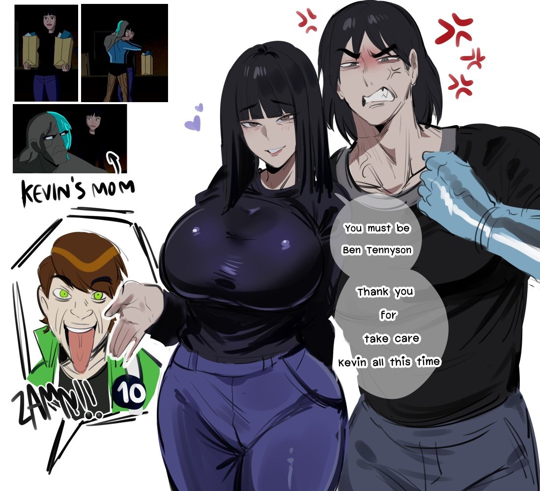 2d, 2d (artwork), anger vein, angry, angry expression, angry eyes, angry face, ben 10, ben 10 alien force, ben tennyson, ben tennyson (alien force), black eyes, black hair, brown hair, clothed, clothed female, clothed male, color, first porn of character, freaky, green eyes, kevin levin, kevin's mother, kurenaiz1, meme, milf, mother, mother and son, mother and son (lore), multiple boys, multiple males, short hair, simple background, threatening, threatening violence, tongue, tongue out, white background, zamn!
