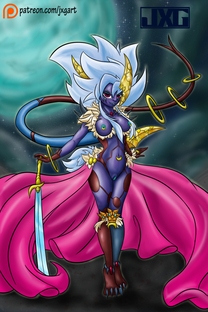 artist_name blue_nipples breasts cape duel_monster feline female full-length_portrait full_length jxg lion lunalight lunalight_leo_dancer mammal nipple_piercing nipples patreon piercing pinup portrait pose purple_skin pussy red_eyes solo standing white_hair yu-gi-oh! yuu-gi-ou_duel_monsters