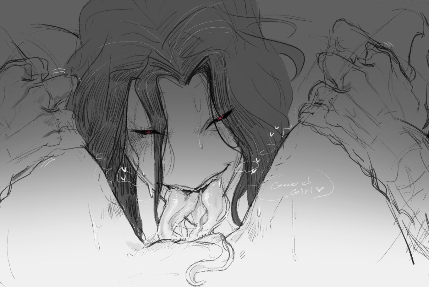 1boy, 1girls, anonymous female, assertive, assertive male, bite mark, bite mark on thigh, bite marks, black sclera, breathing heavily, colored sketch, dominant, dominant male, fan character, good girl, heart, heavy breathing, hickey, hickey marks, hickeys, hickeys on thighs, holding legs, holding legs apart, holding legs open, holding thigh, holding thighs, hot breath, legs apart, legs held open, legs open, legs spread, long hair, long hair male, long tongue, long tongue fellatio, long tongue penetration, male, male focus, monster, monster boy, monster boy/female human, monster on female, multiple tongues, oneirocorrp, original character, panting, praise, praise kink, red eyes, sketch, sweat, sweatdrop, sweating, sweaty, sweaty face, sweaty thighs, the freak circus, tongue in pussy