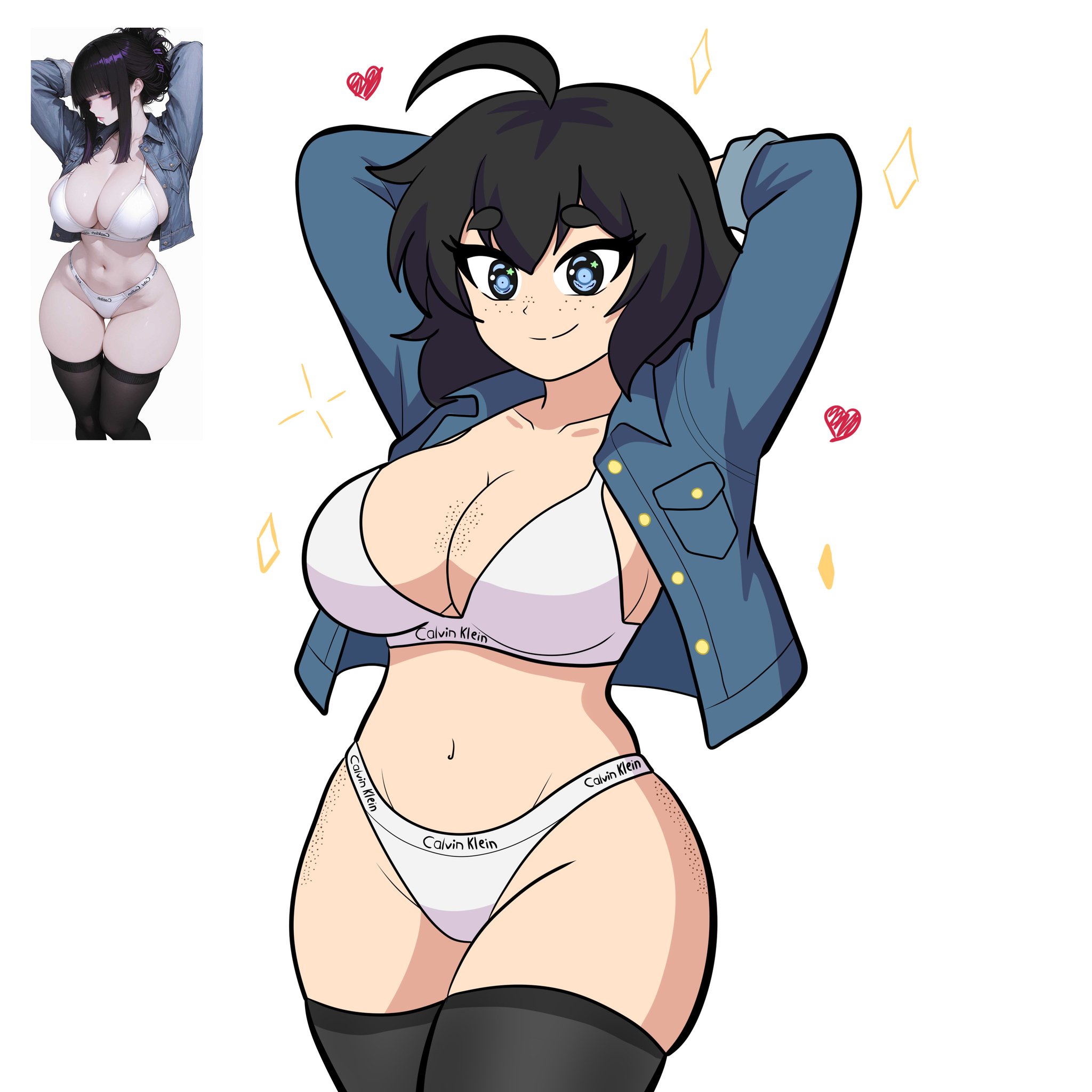 1girl, alxdraws, anime style, arms behind head, big eyes, black hair, black thighhighs, blue eyes, blush, calvin klein, cartoon style, claire (alxarts), cleavage, curvy, denim jacket, freckles, huge breasts, large breasts, looking at viewer, midriff, navel, open jacket, reference image, short hair, sideboob, simple background, smug smile, solo, sparkles, suggestive pose, thick thighs, thighhighs, underboob, underwear, voluptuous, white bra, white panties, wide hips