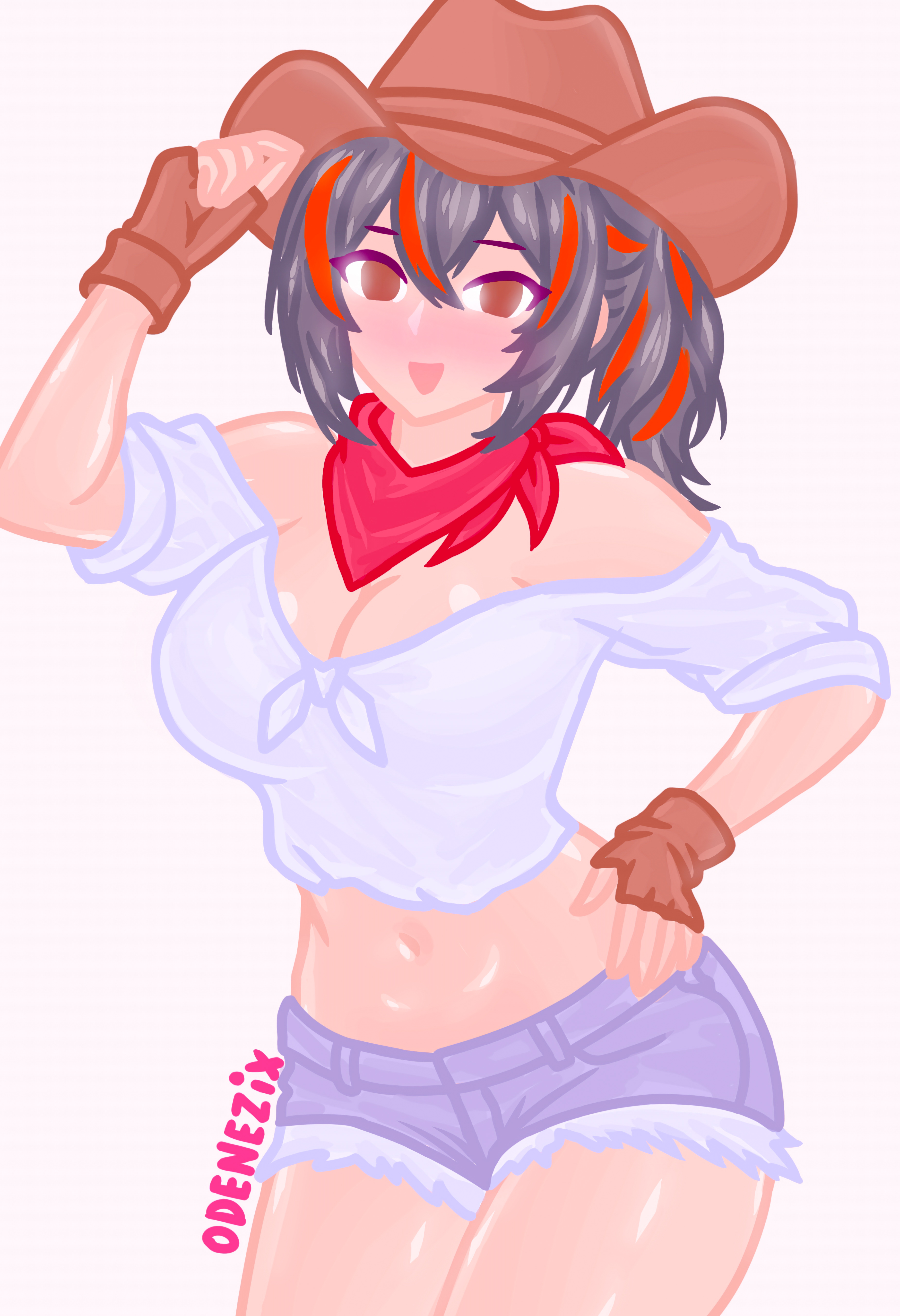 cowboy hat, cowboy outfit, cute, cute style, female, female focus, female only, high quality, jean shorts, odenezix, shirt, simple background, smile, zenless zone zero, zhu yuan
