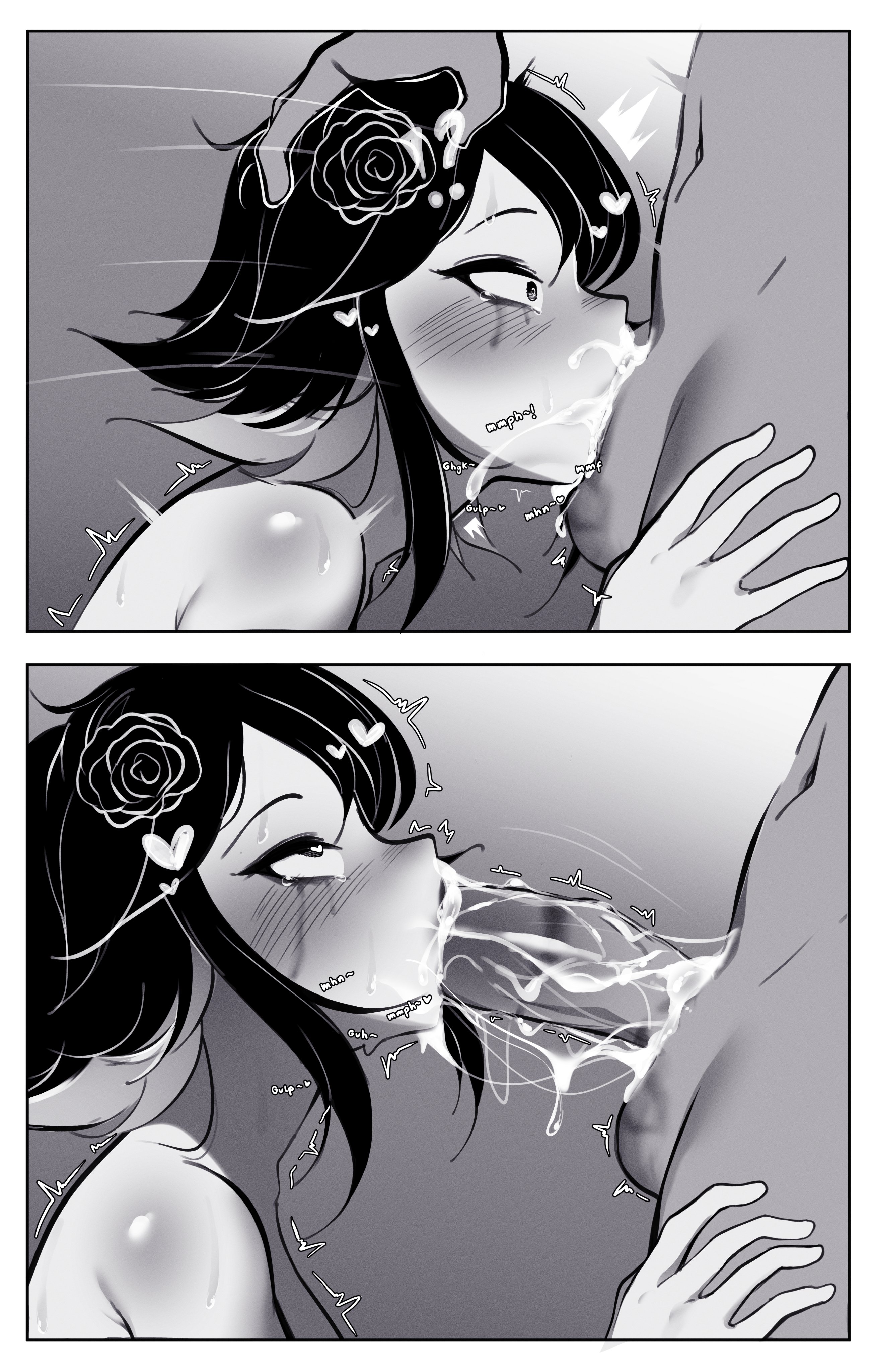1boy, 1girls, 2koma, all the way to the base, balls, big penis, black hair, blowjob, blush, cum, cum in mouth, cum inside, deepthroat, fellatio, female, flower in hair, forced, forced oral, hand on head, heart, heart-shaped pupils, hearts around head, lipstick, lipstick mark, lipstick on balls, lipstick on penis, male, monochrome, onomatopoeia, oral, oral sex, original, pendreon, penis, sloppy, sloppy blowjob, swallowing, swallowing cum, swallowing penis while deepthroat