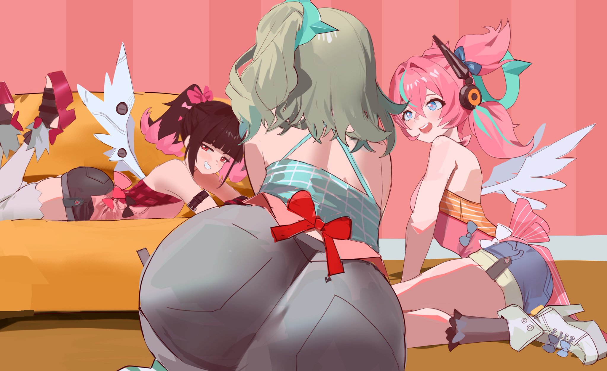 2d, 3girls, angels of delusion, aria (zenless zone zero), aria (zenless zone zero) (human form), ass, ass focus, back view, big ass, big butt, black hair, brat, clothed, clothing, couch, female, female focus, female only, green hair, kfc, light skin, light-skinned female, lying, lying on stomach, nangong yu (zenless zone zero), official alternate costume, pink hair, redi (rasec asdjh), round ass, round butt, sunna (afternoon tea break) (zenless zone zero), sunna (zenless zone zero), twintails, two-tone hair, wings, zenless zone zero