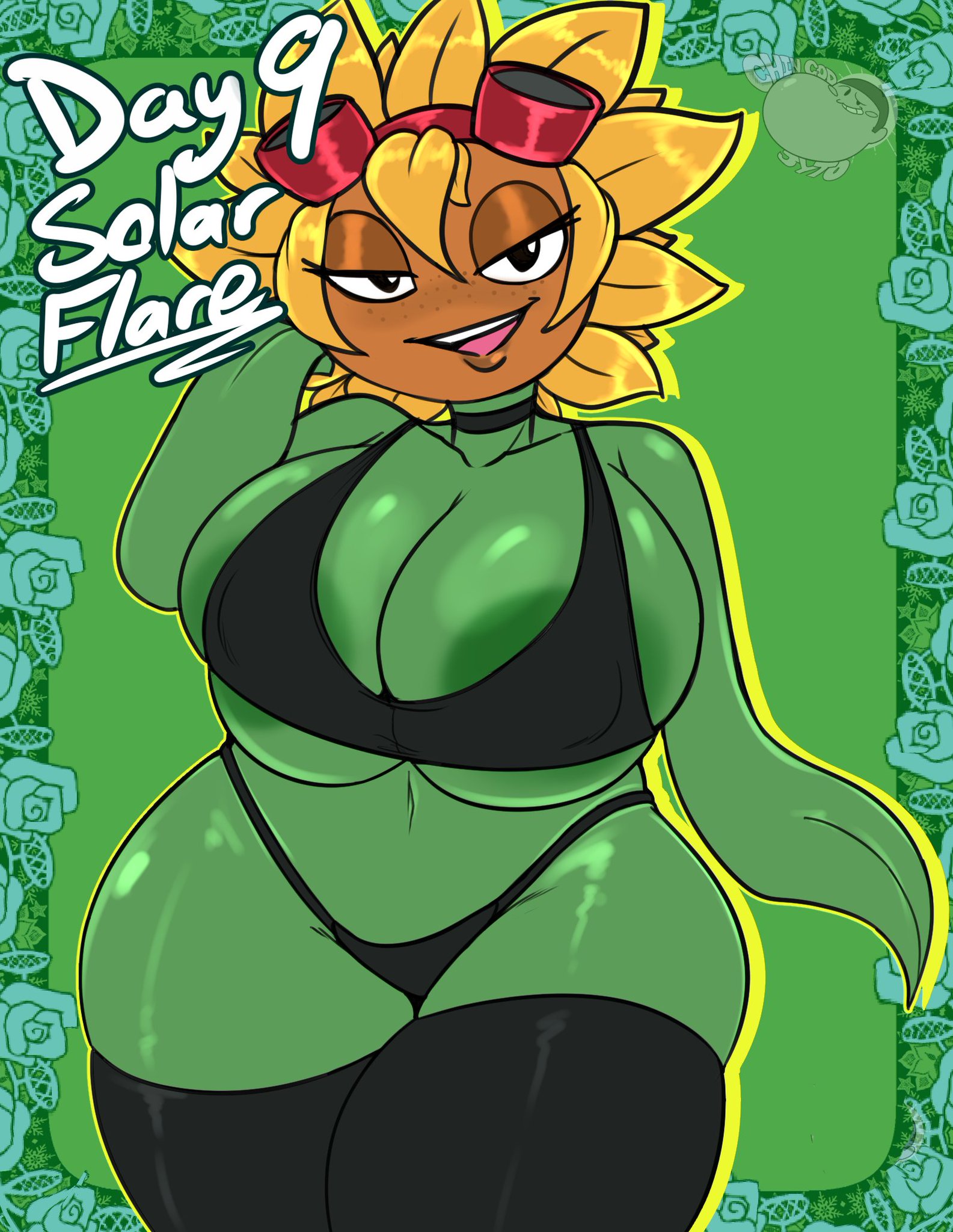 1girls, areola, areola slip, areolae, areolae slip, black bra, black eyes, black panties, bra, breasts, character name, collar, eyelashes, female, female focus, female only, freckles, freckles on face, goggles, goggles on head, green body, humanoid, jyto, leaf arms, leaf hands, looking at viewer, open mouth, panties, plant, plant girl, plant humanoid, plants vs zombies, rose, rose (flower), sexy, simple background, smile, solar flare (pvz), sunflower, sunflower (pvz), thighhighs, thighs, voluptuous, voluptuous female
