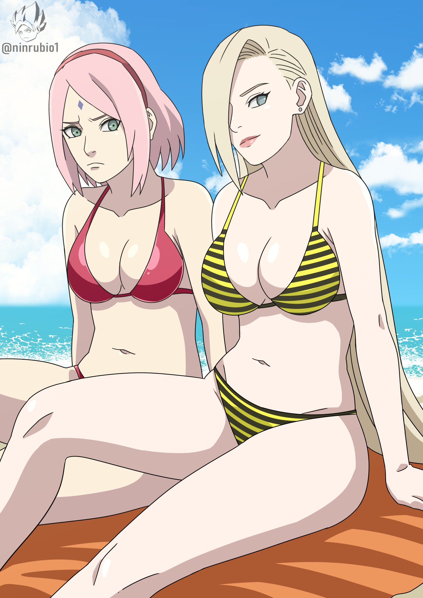 2girls, angry, annoyed, beach, big breasts, bikini, blonde hair, blush, breast envy, breast focus, breast size difference, breasts, clothing, cocky, envy, female, female only, hi res, ino yamanaka, jealous, large breasts, looking at another, looking at partner, medium breasts, mocking, multiple females, multiple girls, naruto, naruto (series), naruto shippuden, naruto: the last, ninrubio, pink hair, pinup, plain background, sakura haruno, seaside, sexually suggestive, sitting, smile, smug, smug face, striped bikini, suggestive, swimsuit, tease, teasing, teenager, upper body, voluptuous, watermark, yuri