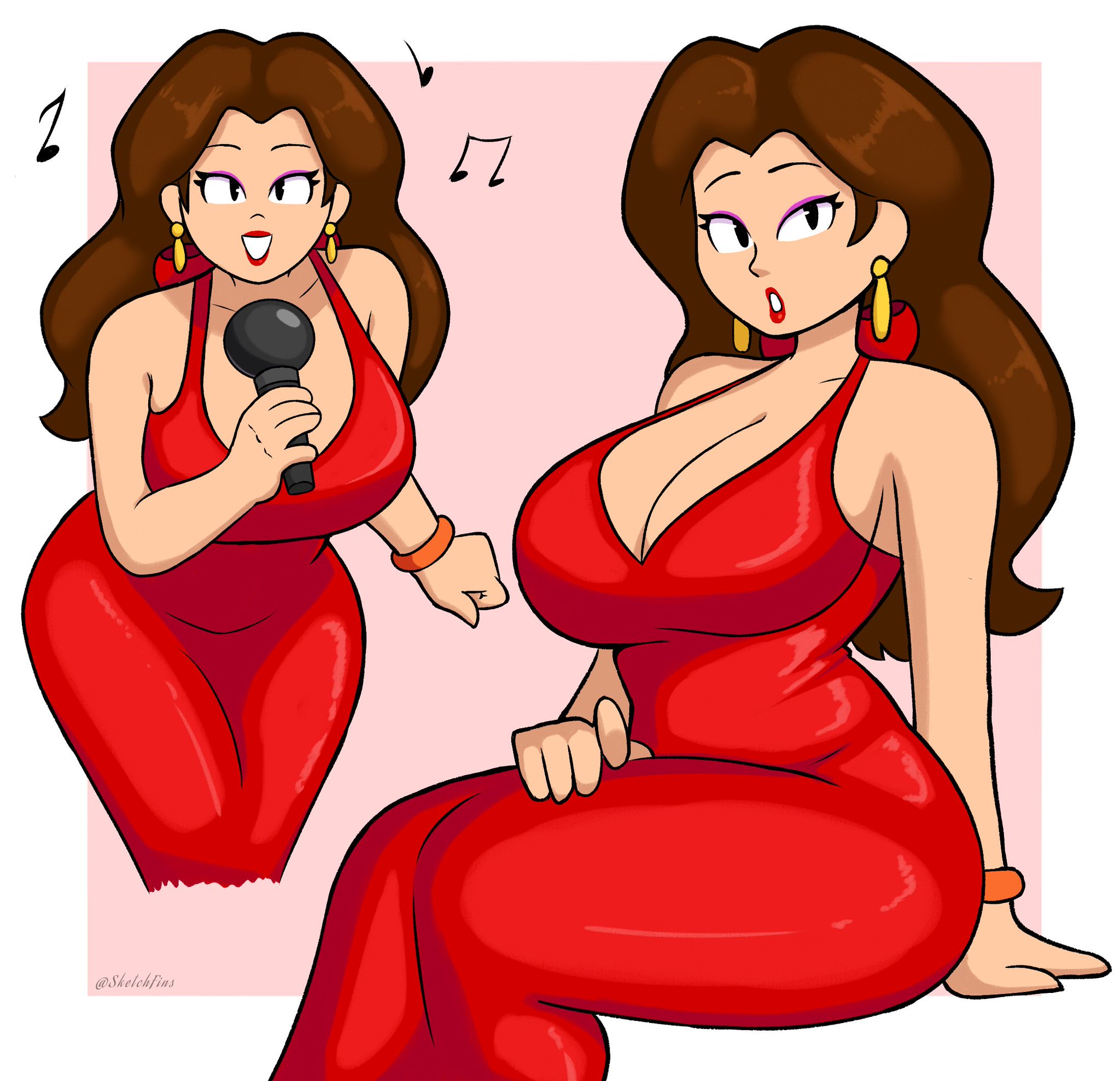 1girls, big breasts, bracelet, breasts, brown hair, curvy, curvy female, dress, female, female focus, female only, light skin, light-skinned female, long hair, looking at viewer, makeup, mario (series), microphone, musical note, pauline, red dress, ribbon, sexy, simple background, singing, sketchfins, solo, solo female, solo focus, tagme