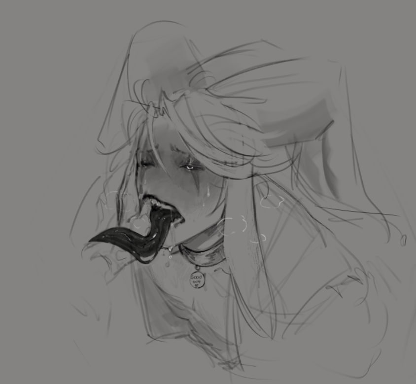 anonymous hand, black sclera, blush, blush lines, blushing, breathing heavily, collar, dog collar, drool, drool on chin, drooling, drooling tongue, good boy, hot breath, jester, jester cap, jester costume, jester hat, jester outfit, long tongue, monster, monster boy, oneirocorrp, open shirt, panting, pierrot (the freak circus), sketch, sweat, sweatdrop, sweating, sweaty, sweaty face, teratophilia, the freak circus, thumb in mouth