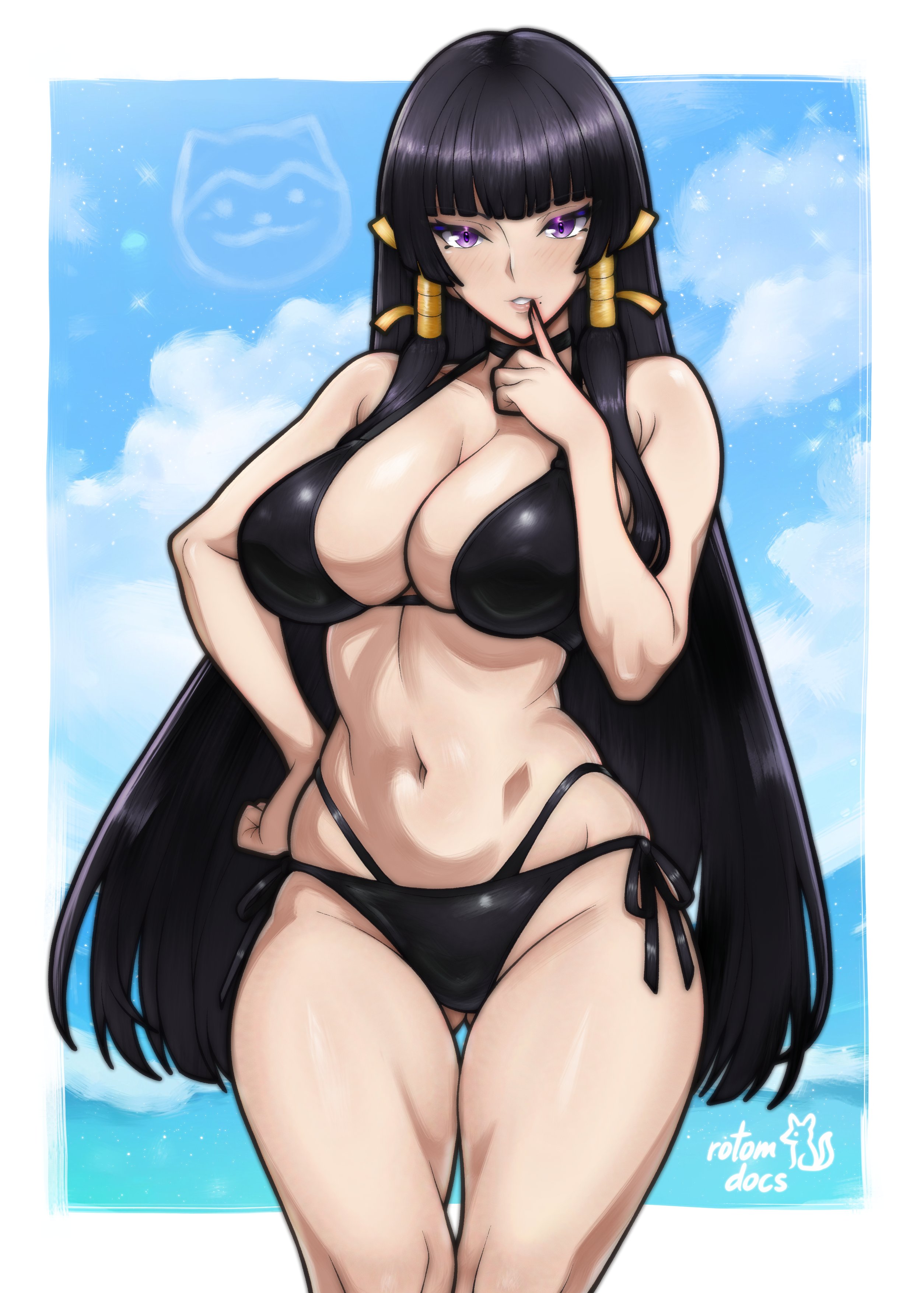 1girls, absurd res, alluring, artist name, bare arms, bare shoulders, big breasts, bikini, black bikini, black choker, black hair, blue sky, blunt bangs, blush, choker, cleavage, commentary, commission, cowboy shot, dead or alive, dead or alive 6, dead or alive xtreme venus vacation, english commentary, finger to mouth, full cleavage, gluteal fold, hand on own hip, hand up, high res, ko-fi commission, long hair, looking at viewer, navel, nyotengu, ocean, parted lips, purple eyes, rotomdocs, side-tie bikini bottom, sidelocks, signature, sky, smile, stomach, swimsuit, tecmo, tsurime, very long hair
