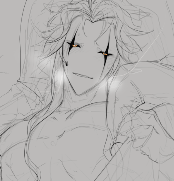 ambiguous gender, ambiguous penetration, anonymous, black sclera, blush, blush lines, breathing heavily, colored sketch, heavy breathing, holding legs, holding legs apart, holding legs up, hot breath, jester, jester cap, jester hat, legs apart, legs held open, legs on shoulders, legs spread, legs up, long hair, long hair male, monster, monster boy, muscular, muscular male, obsessed, obsessed male, obsession, oneirocorrp, panting, pecs, pectorals, pierrot (the freak circus), sweat, sweatdrop, sweating, sweaty, sweaty face, the freak circus, yellow eyes