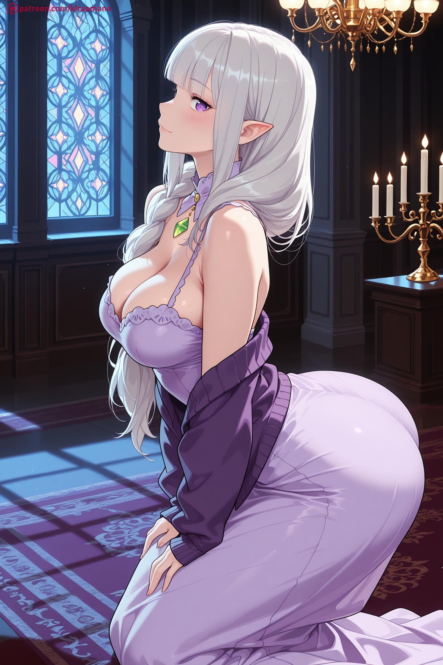 1girl, ai generated, bangs, bare shoulders, blush, breasts, cleavage, dress, elf, emilia (re:zero), hi res, high quality, high resolution, indoors, kiraamane, large breasts, long hair, looking at viewer, patreon, pointy ears, purple eyes, re:zero kara hajimeru isekai seikatsu, seductive, sexy, silver hair, sitting, smile, solo, uncensored, watermark