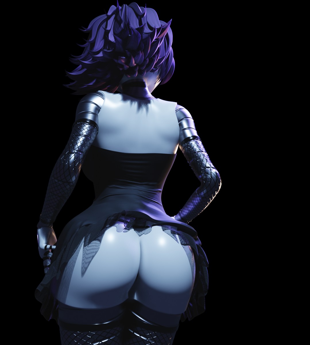 3d, 3d (artwork), 3d render, arlequinfox, ass, ass focus, bysamzan, clothing, female, female focus, female only, murder drones, purple eyes, purple hair, robot, robot girl, uzi (murder drones)