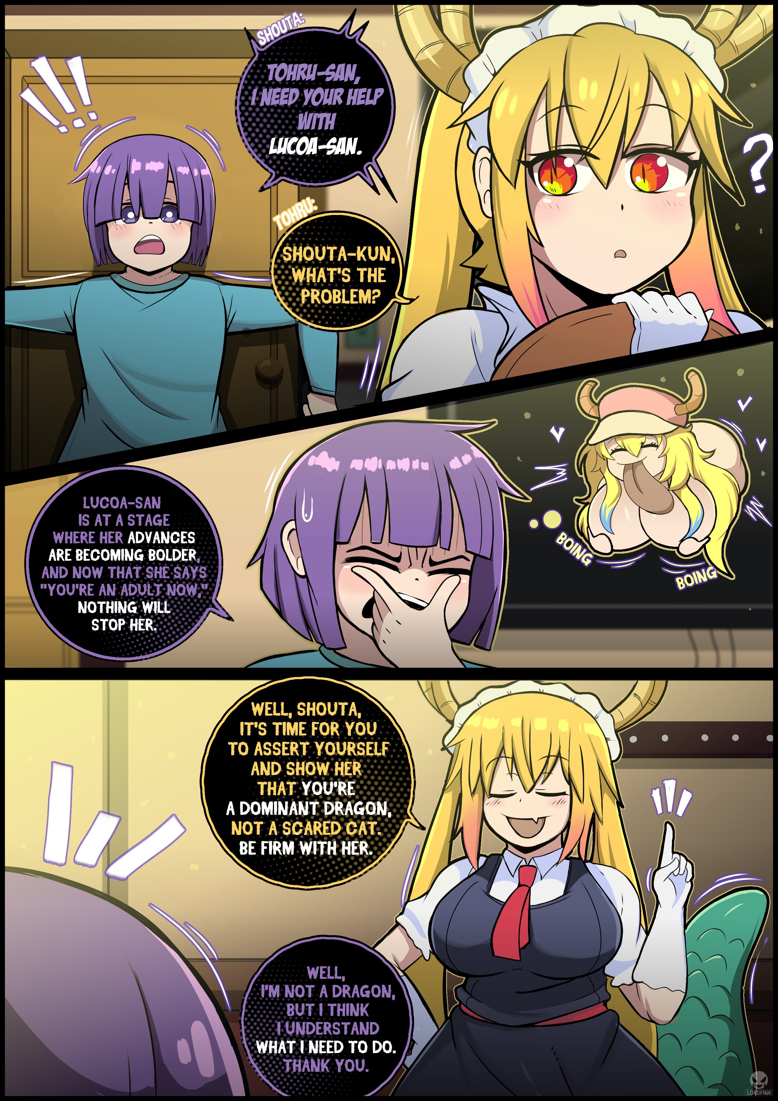 1boy, 1femboy, 2026, 2d, 2d (artwork), aged up, dialogue, dragon girl, dragon humanoid, english, english dialogue, english text, femboy, hi res, high resolution, highres, human, humanoid, kobayashi-san chi no maidragon, light skin, light-skinned female, light-skinned male, lordfink, lucoa, lucoa (maidragon), magatsuchi shouta, miss kobayashi's dragon maid, text, tohru (dragon maid)