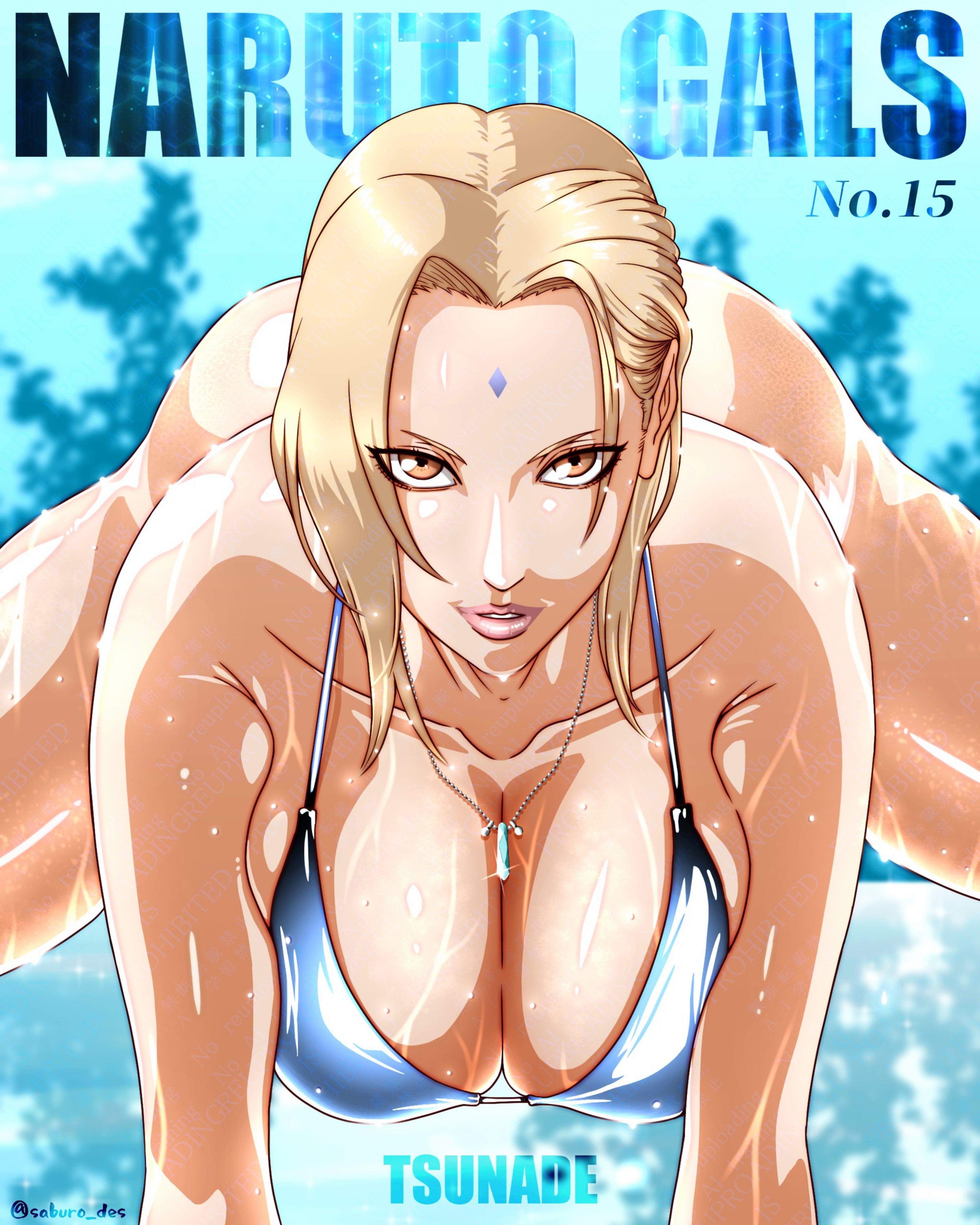 1girls, absurdres, adapted costume, bent over, big breasts, bikini, blonde hair, blue sky, breasts, brown eyes, busty, clouds, commentary request, crystal necklace, densetsu no sannin, facial mark, female, forehead mark, from below, front view, highleg, highleg bikini, highres, hourglass figure, huge breasts, large breasts, legs together, lipstick, long hair, looking at viewer, low-angle view, makeup, mature, mature female, midriff, milf, nail polish, naruto, naruto (series), naruto shippuden, ocean, outdoors, pinup, revealing swimsuit, saburo des, shiny, shiny hair, shiny skin, skimpy, skimpy bikini, solo, splits, sunlight, swimsuit, thick thighs, thighs, tsunade, twintails, very long hair, viewed from below, water, wide hips
