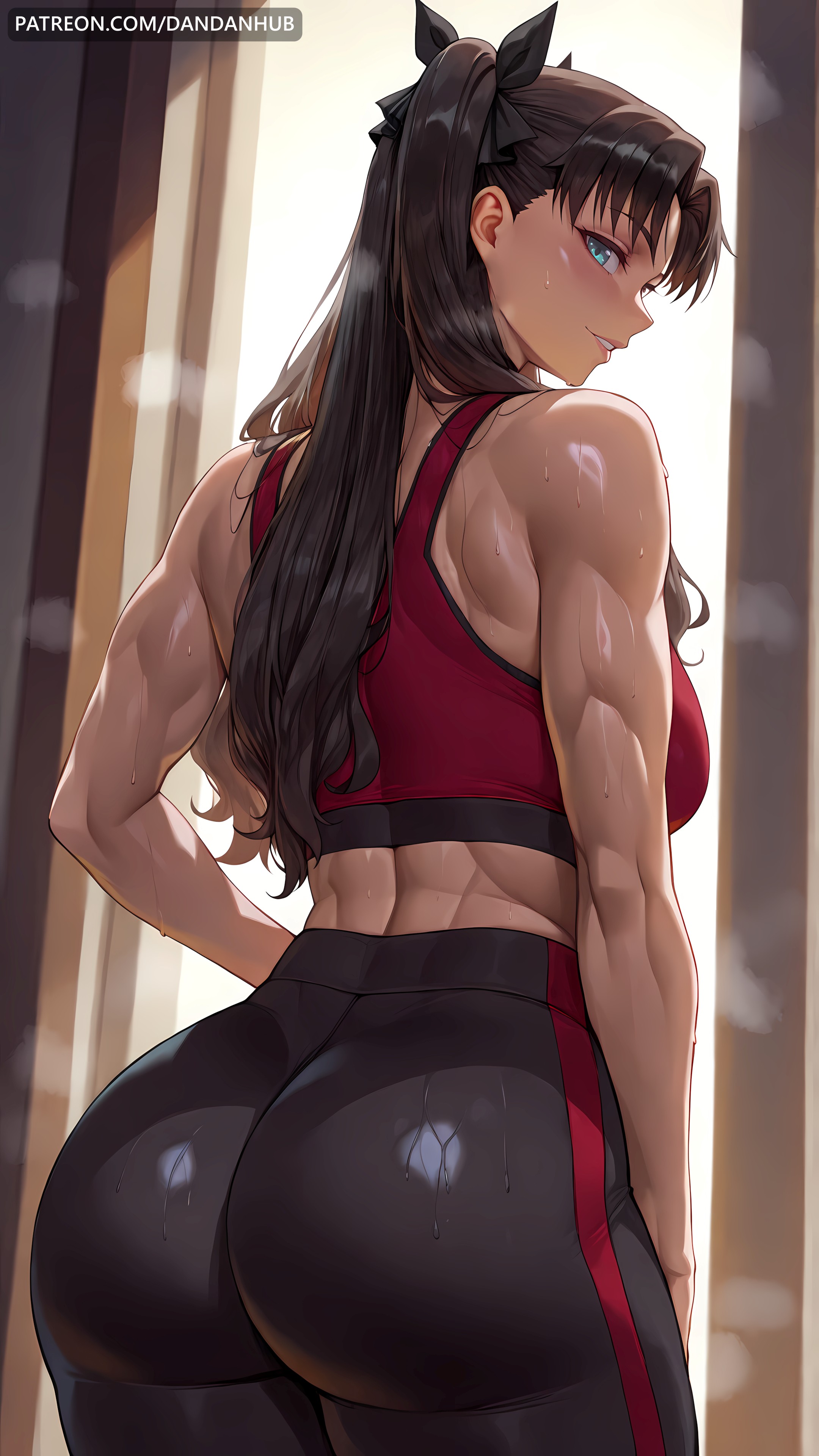 1girls, ai generated, alternate breast size, ass, ass focus, back, bare shoulders, big ass, black hair, black pants, black ribbon, blue eyes, blush, breasts, dandanhub, dark skin, fate (series), fate/stay night, fate/zero, female, female only, from behind, hair ribbon, large breasts, light-skinned female, long hair, looking at viewer, looking back, medium breasts, muscular, muscular female, pants, parted lips, ribbon, smile, solo, sports bra, sweat, tohsaka rin, twintails, two side up