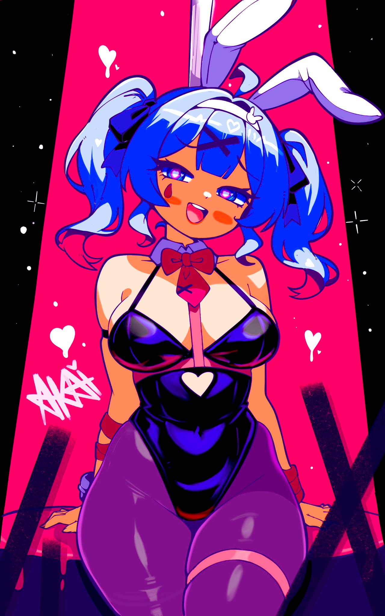 1girl, 1girls, ahoge, animal ears, ashamed, bangs, bare shoulders, big breasts, black leotard, bleeding heart, blue eyes, blue hair, bow, bowtie, breasts, bunny ears, bunny girl, bunnysuit, card, cleavage, clothing cutout, collar, covered navel, detached collar, embarrassed, eyebrows, eyelashes, eyeshadow, fake animal ears, female, female focus, female only, hair ornament, hatsune miku, heart, heart-shaped pupils, large breasts, legwear, leotard, looking at viewer, makeup, mocking, mocking face, necktie, object between breasts, open mouth, pale skin, pale-skinned female, pantyhose, playboy bunny, pole, rabbit, rabbit ear hairband, rabbit ears, rabbit girl, rabbit hair ornament, rabbit hole (vocaloid), red bow, red bowtie, riadehedehe, ribbon, ribbon bondage, ribbons, sitting, smile, smiling, smug, smug expression, smug face, smug smile, solo, symbol-shaped pupils, thick thighs, thighs, tie, twintails, virtual youtuber, white rabbit ears, white skin, x hair ornament