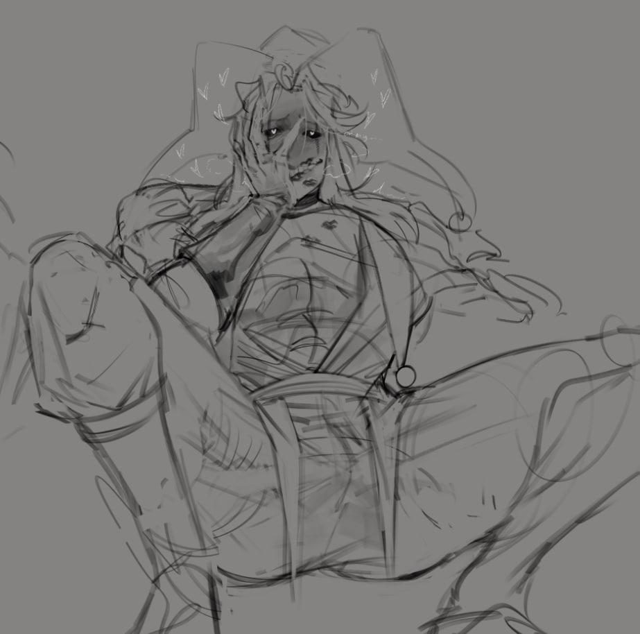 black sclera, blush, blush lines, breathing heavily, claws, hand on cheek, hand to face, heart eyes, heart-shaped pupils, hearts around head, hot breath, jester, jester cap, jester costume, jester hat, jester outfit, legs apart, legs spread, lipstick mark, lipstick marks, lipstick on chest, lipstick on face, monster, monster boy, obsessed, obsessed male, obsession, oneirocorrp, open shirt, panting, pierrot (the freak circus), shaking, sharp claws, shivering, sketch, teratophilia, the freak circus