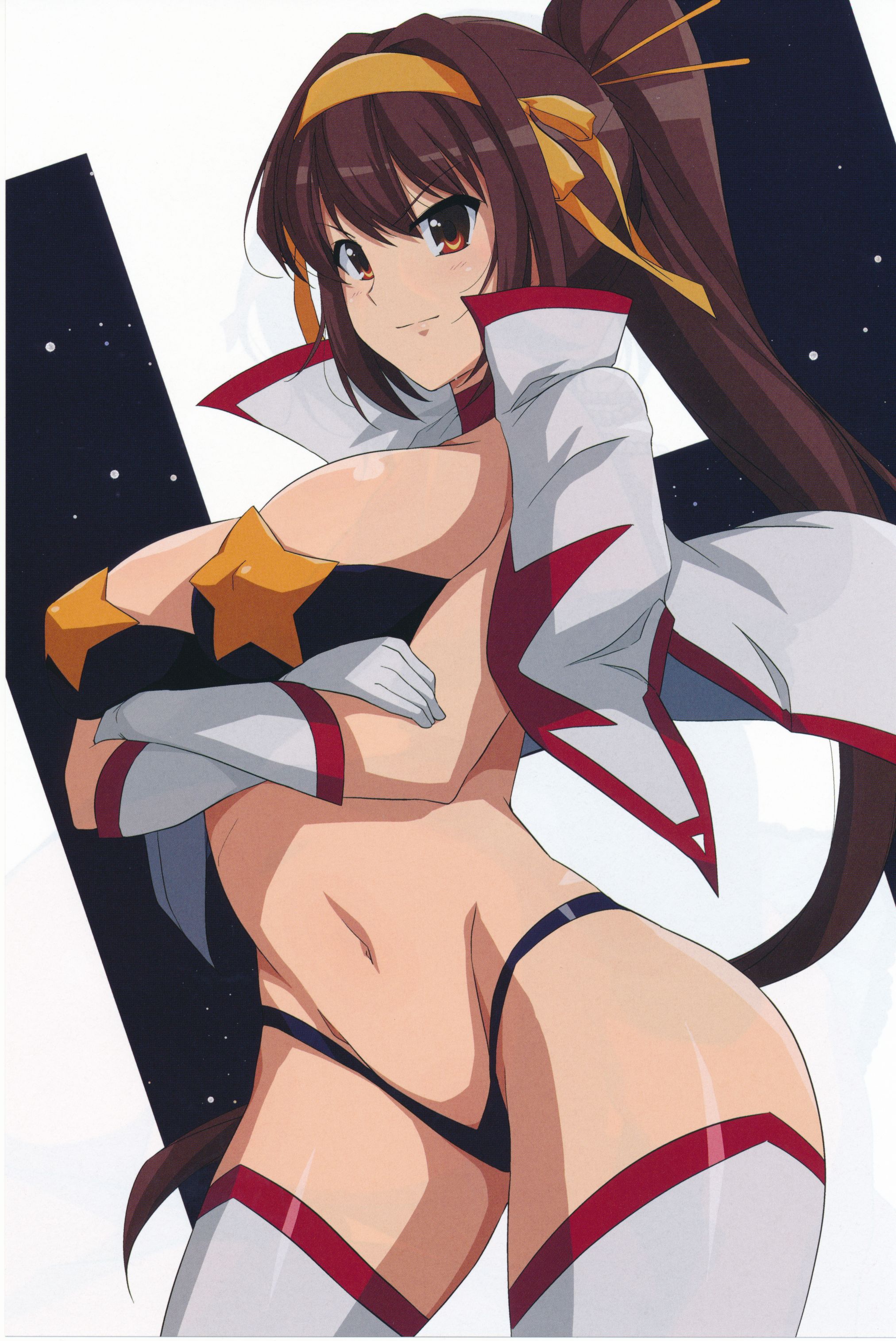 1girls, alternate hairstyle, big breasts, breasts, brown eyes, brown hair, clothing, cosplay, eyebrows, eyebrows visible through hair, female, female only, haruhisky, large breasts, long hair, ponytail, source request, space yoko, space yoko (cosplay), stockings, suzumiya haruhi, suzumiya haruhi no yuuutsu, tengen toppa gurren lagann, thick thighs, yoko littner, yoko littner (cosplay)