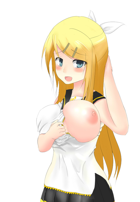 beige_skin blonde_hair blue_eyes blush breast breasts color female female_only kagamine_rin kagamine_rin_(future_style) large_breasts long_hair nipples open_eyes open_mouth solo standing vocaloid white_background