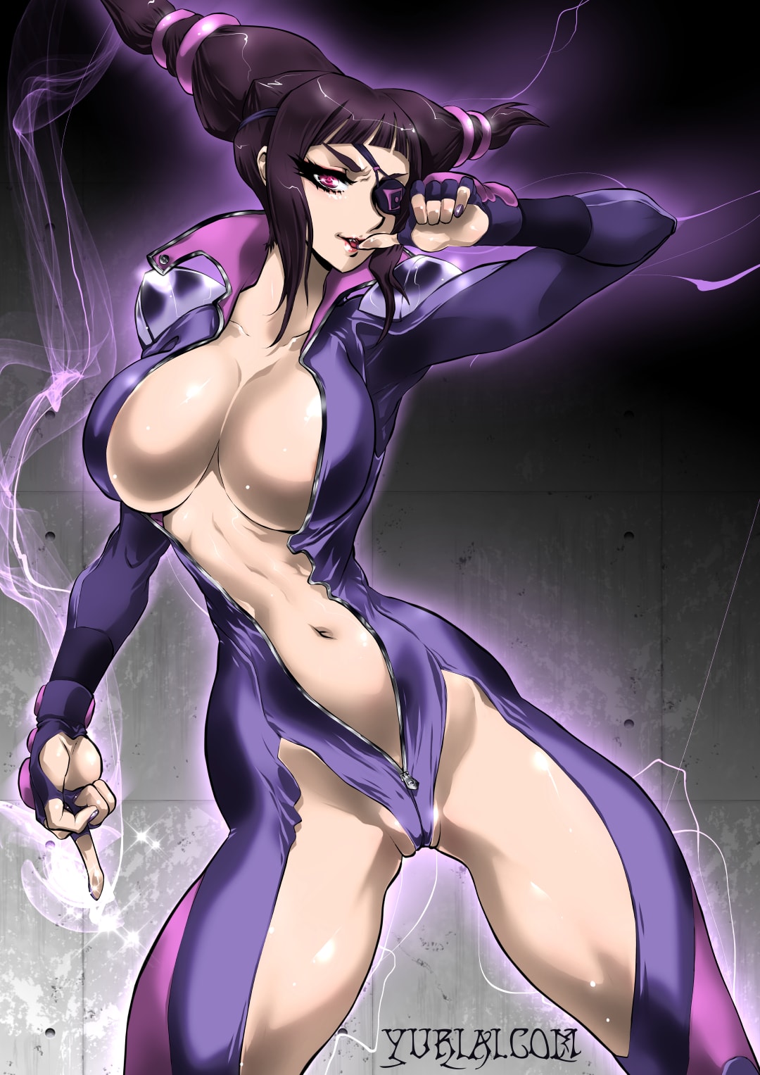 artist_name bangs black_hair bodysuit breasts capcom eye_patch eyelashes female female_only finger_to_mouth fingerless_gloves gesture gloves highres huge_breasts human juri_han long_hair looking_at_viewer middle_finger nail_polish navel pink_eyes sidelocks skimpy solo standing street_fighter street_fighter_v unzipped yuri-ai