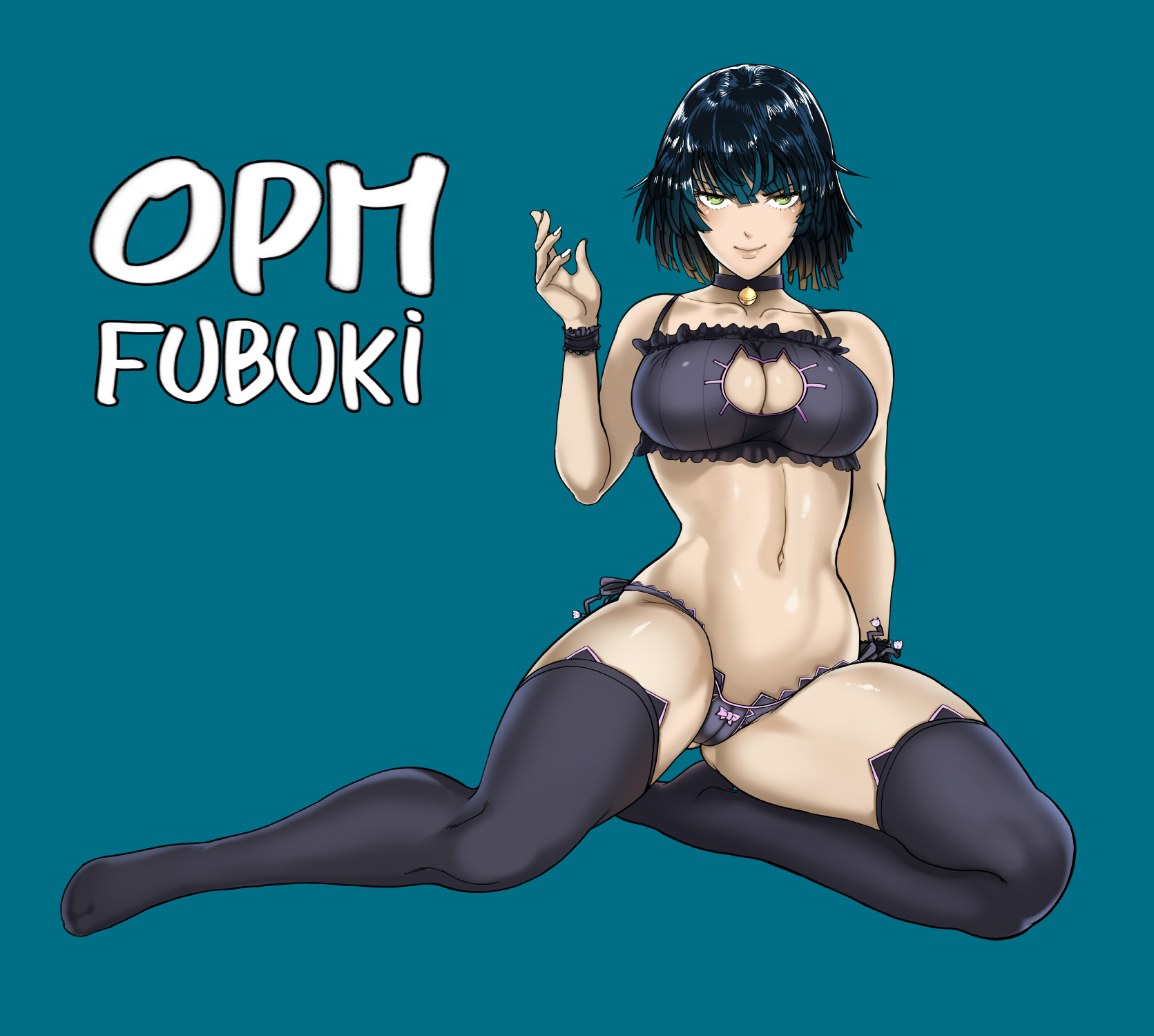 alternate costume, ass visible through thighs, bangs, bell, bell choker, black hair, black legwear, black panties, blue background, breasts, cameltoe, cat band legwear, cat cutout, cat lingerie, character name, choker, cleavage, cleavage cutout, closed mouth, collarbone, copyright name, female, frills, fubuki (one-punch man), full body, green eyes, highres, jingle bell, large breasts, looking at viewer, navel, no shoes, one-punch man, panties, pussy, revision, short hair, side-tie panties, simple background, smile, solo, stomach, thegoldensmurf, thighhighs, thighs, underwear, underwear only, wrist cuffs