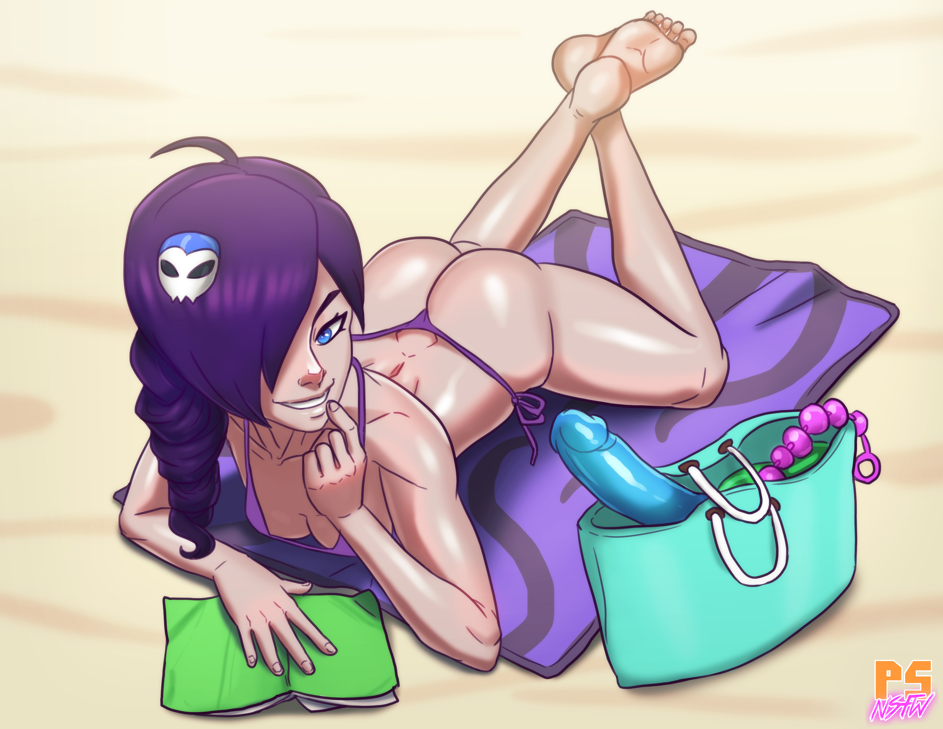 1girls, absurdres, anal beads, ass, asymmetrical hair, back, bag, barefoot, beach, beach towel, bikini, blue eyes, borrowed character, breasts, cleavage, dildo, drill hair, feet, female, finger to mouth, hair over one eye, handbag, highres, long hair, lying, nose, on stomach, original, pumpkinsinclair, purple bikini, purple hair, side-tie bikini, small breasts, soles, solo, swimsuit, the pose, toes, zone-tan