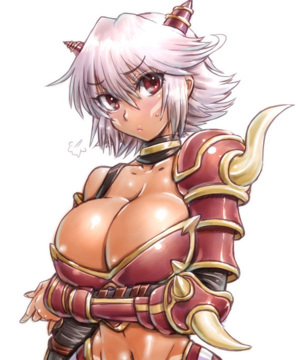 .hack//, .hack//games, amania orz, armor, bare shoulders, bikini armor, black rose (.hack//), breasts, cleavage, dark skin, dark-skinned female, female, large breasts, pink hair, red eyes, short hair, solo, spikes