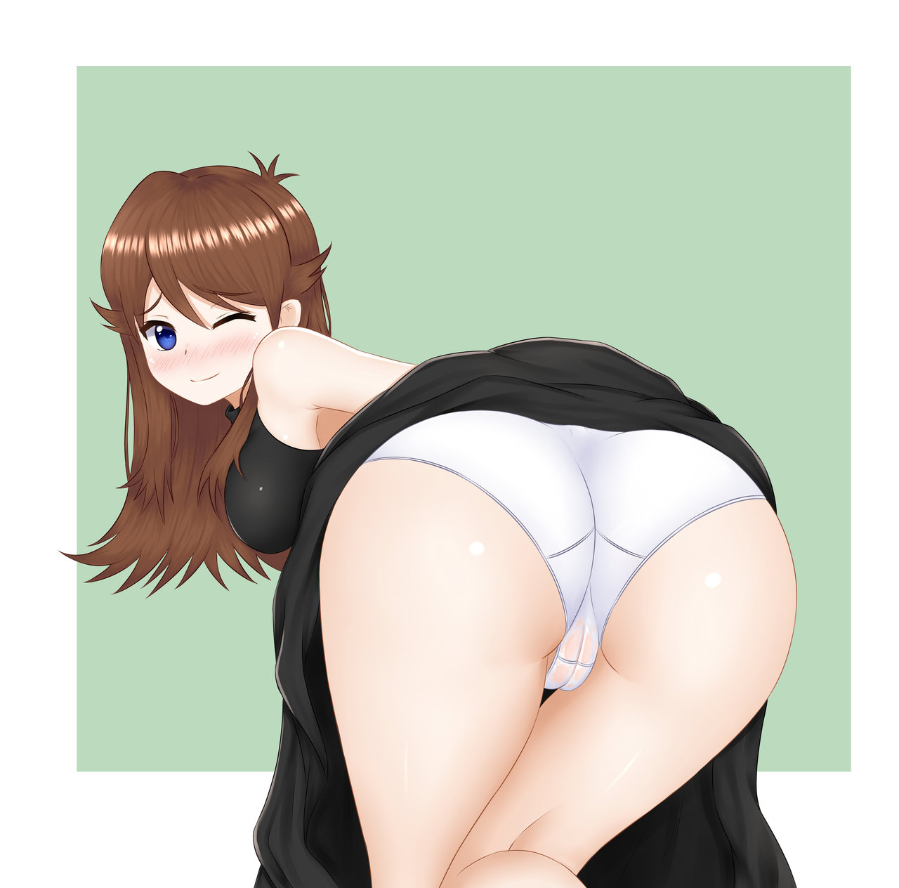 1girls, ass, ass focus, back view, bare shoulders, bent over, big ass, big breasts, blue eyes, blush, breasts, brown hair, chechoski, dress, female, female only, green (pokemon), human, human only, leaf (pokemon), light skin, light-skinned female, long hair, looking back, panties, pokemon, pokemon (manga), pokemon adventures, pokemon rgby, presenting, pussy, see-through, skirt lift, smile, solo, white panties, wink