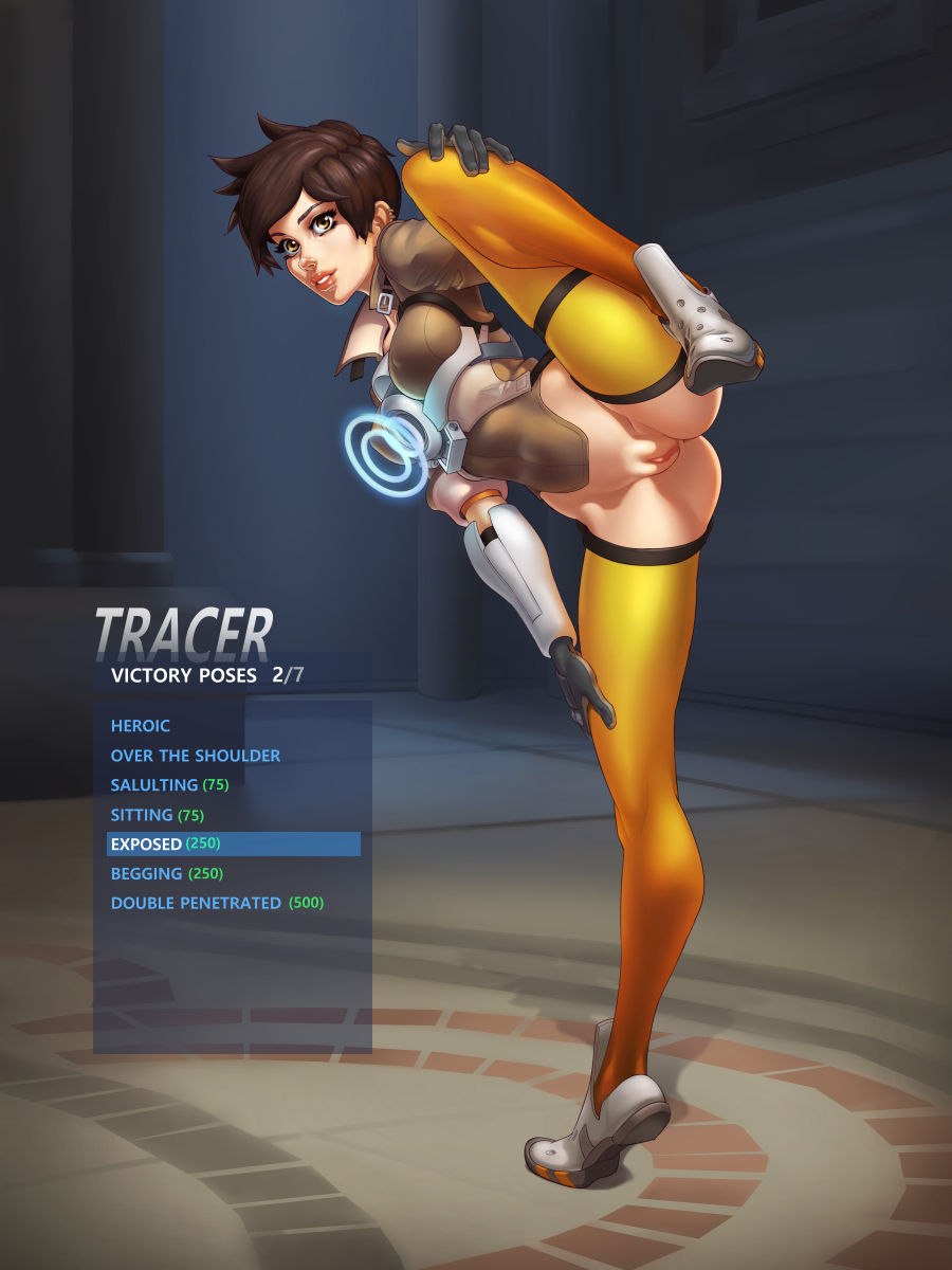 bottomless brown_hair earrings female female_only fxnative gloves jacket leg_up overwatch parted_lips pussy short_hair solo solo_female spiked_hair spread_legs thighhighs tracer uncensored yellow_eyes