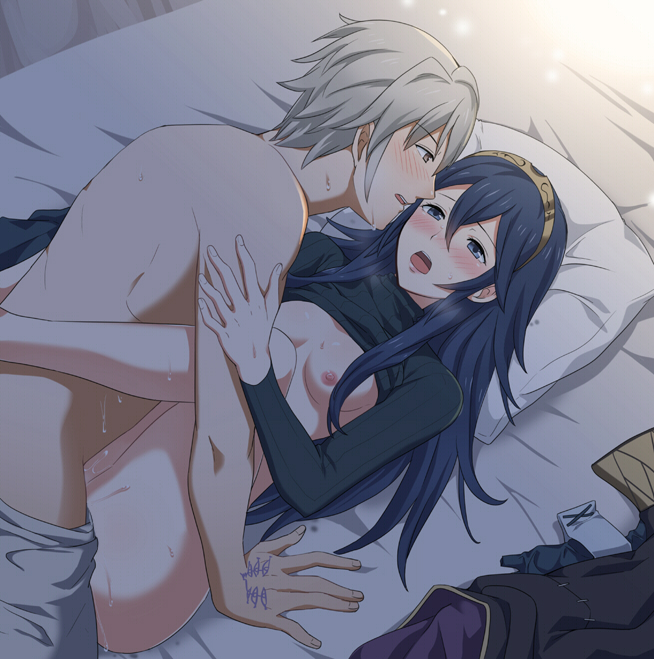 1boy areolae bed blue_eyes blue_hair blush bottomless breasts couple female fire_emblem fire_emblem_awakening heavy_breathing lucina_(fire_emblem) mejiro missionary nipples open_mouth pillow robin_(fire_emblem) robin_(fire_emblem)_(male) sex shirt_lift straight sweat tiara