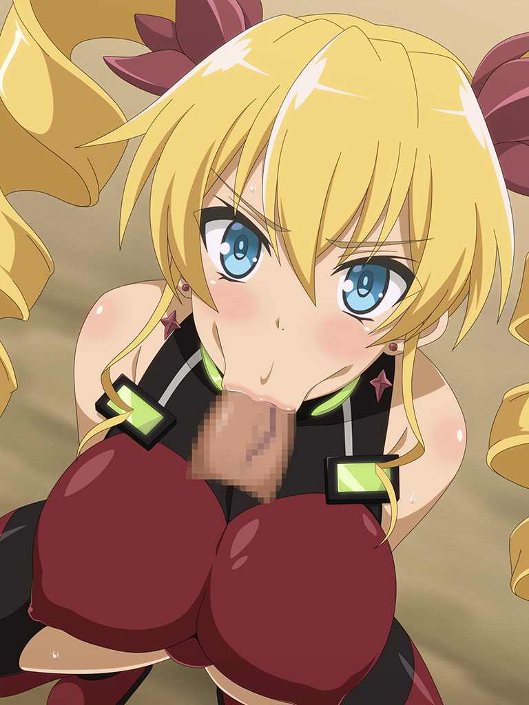 :>= bare_shoulders blonde_hair blue_eyes blush breasts claire_harvey drill_hair erect_nipples fellatio female hundred large_breasts long_hair looking_at_viewer miyamaya nude oral squatting sweat tied_hair twintails