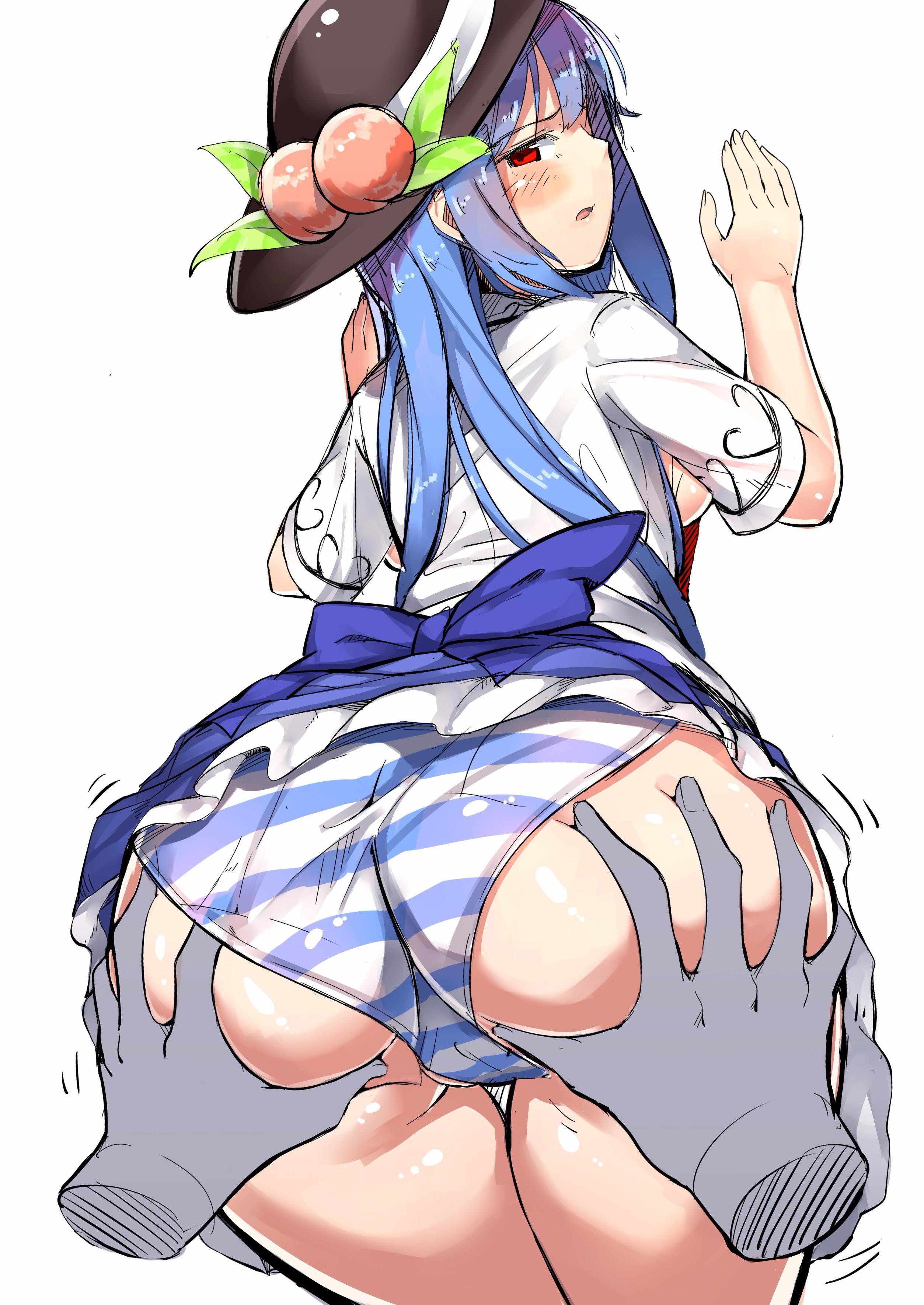 ass, ass grab, female, looking at viewer, neropaso, panties, red eyes, tagme, tenshi hinanawi, touhou