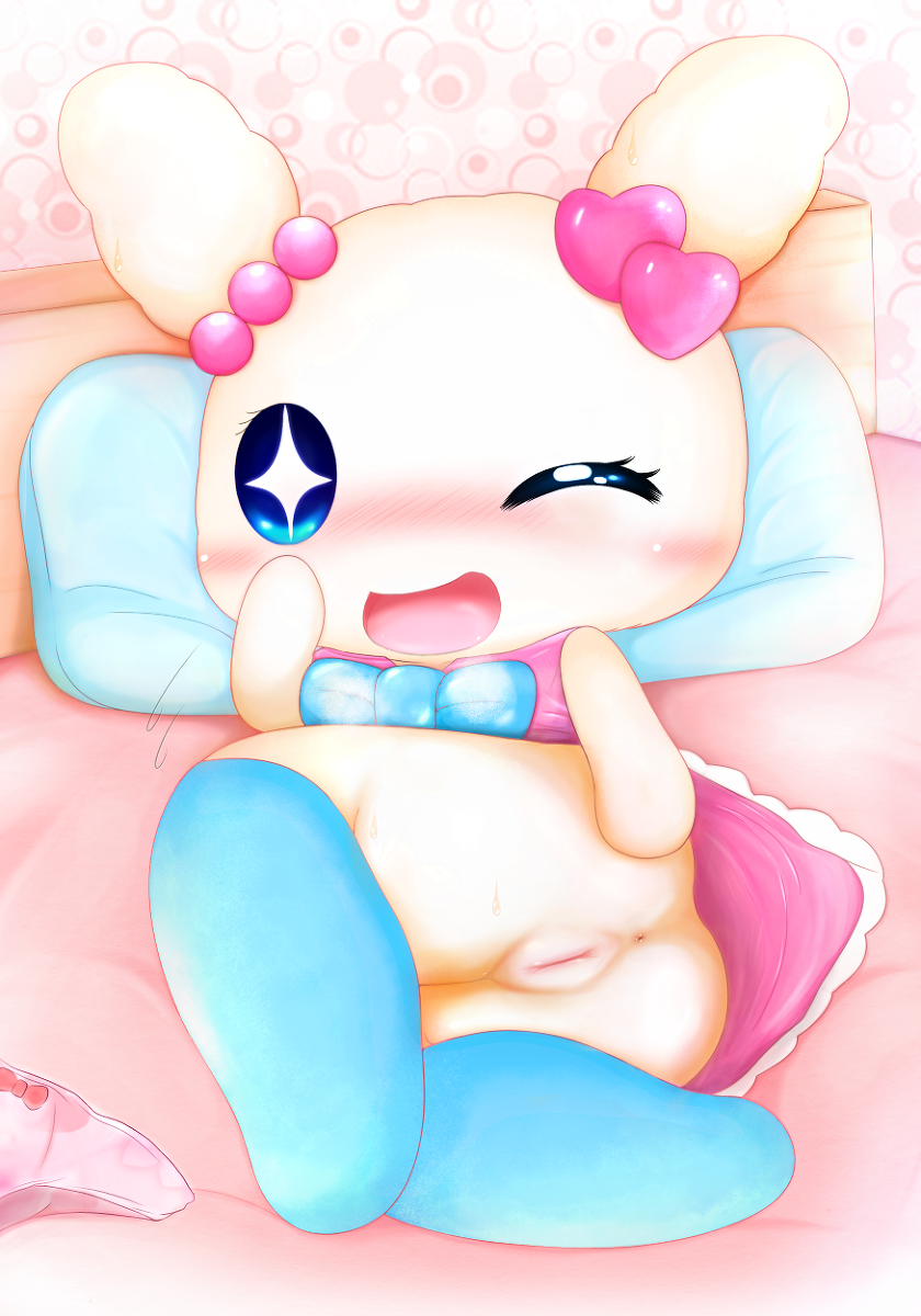 anthro bed blue_eyes blush bow clothing cute dress female legwear looking_at_viewer lovelitchi naoya one_eye_closed pillow presenting presenting_pussy pussy smile stockings tamagotchi underwear wink