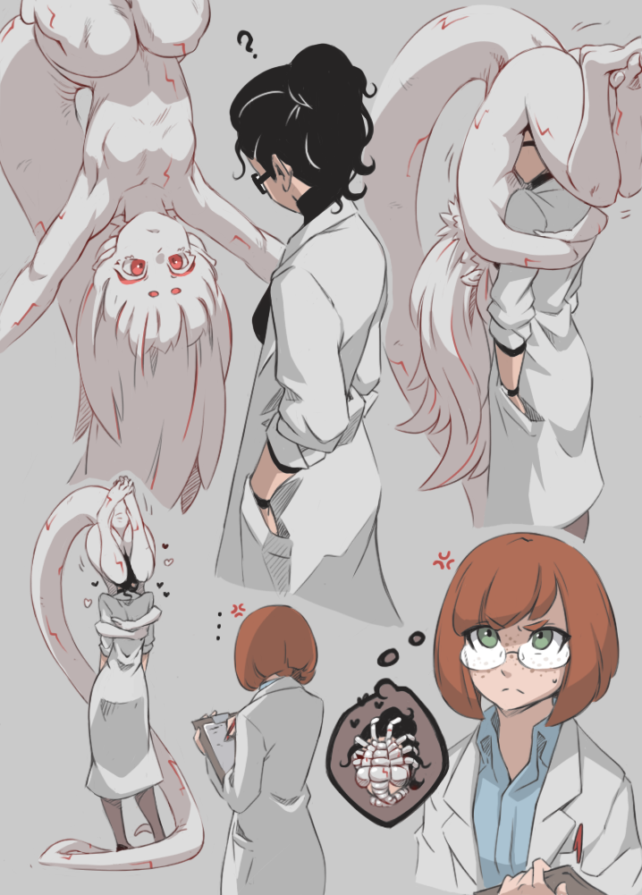 2016 2girls demon_girl glasses hushabyevalley long_tongue monster_girl scientist tail white_skin wholesome yuri