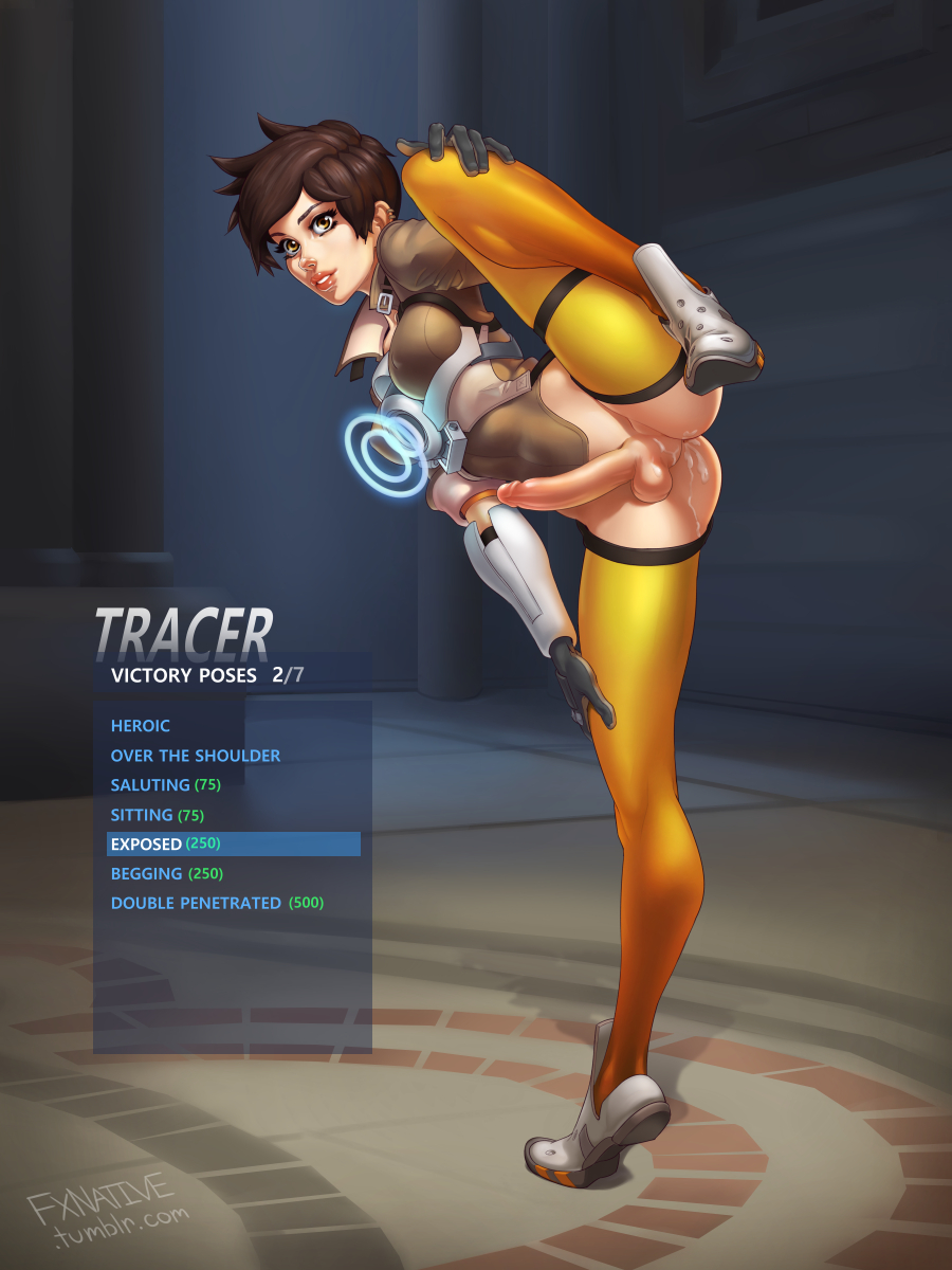 1futa balls bottomless brown_hair cum erection futa_only futanari fxnative intersex leg_up overwatch penis short_hair solo spread_legs testicles tracer