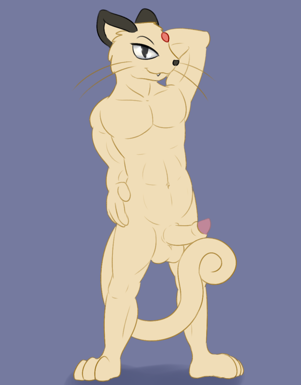 1boy abs anthro cute_fang erection feline foreskin front_view fur furry humanoid_penis inner_ear_fluff looking_at_viewer male male_only mammal muscular muscular_anthro muscular_male navel nintendo nude partially_retracted_foreskin penis persian pokemon posexe presenting simple_background smile solo standing tail testicles uncut video_games whiskers white_fur