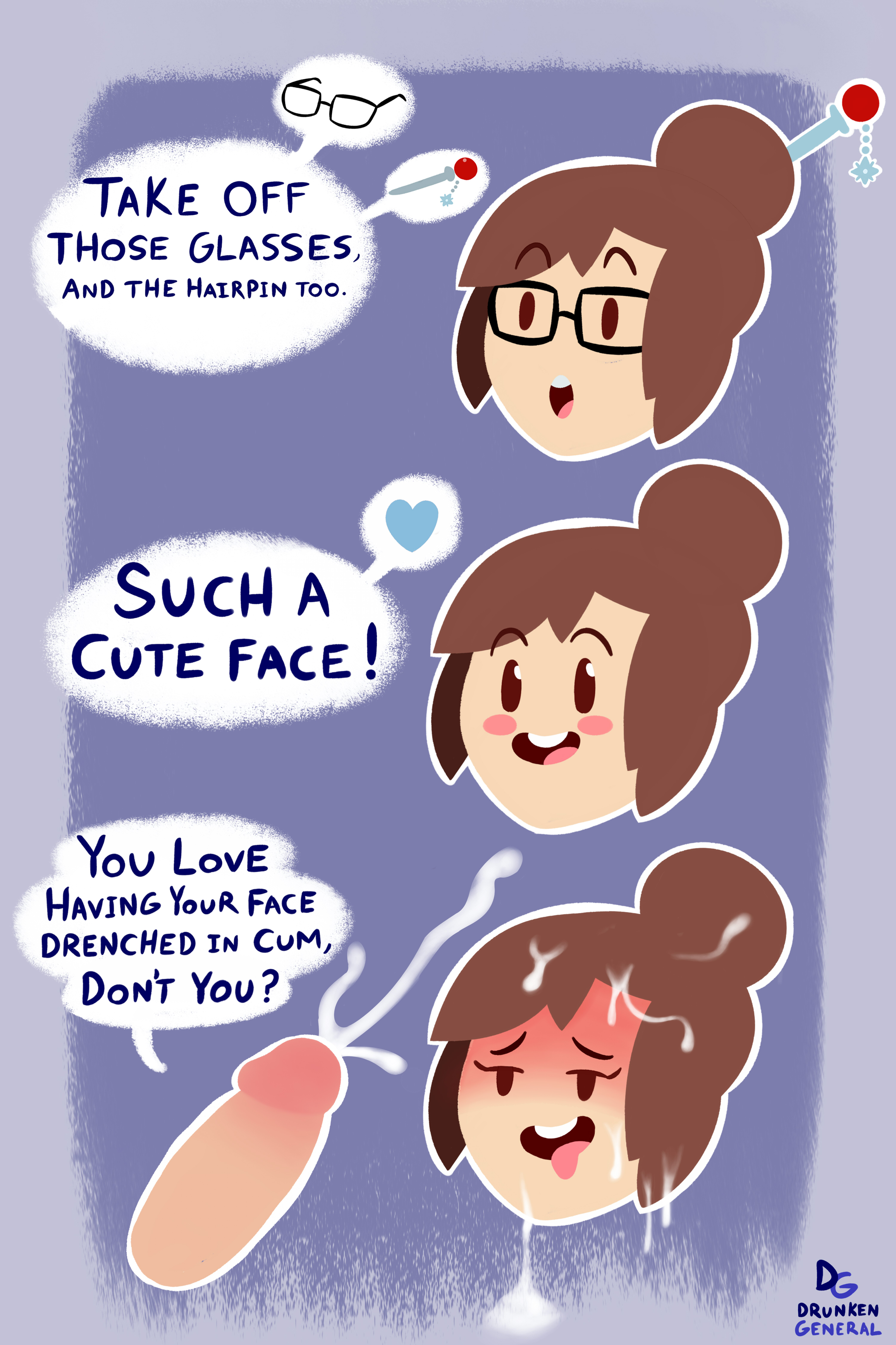 1boy, 1girls, after oral, aftersex, ahe gao, chibi, cum, dialogue, drunkengeneral, ejaculation, eyewear, facial, female, glasses, heart, male, mei (overwatch), oral, oral sex, orgasm, overwatch, smile, speech bubble